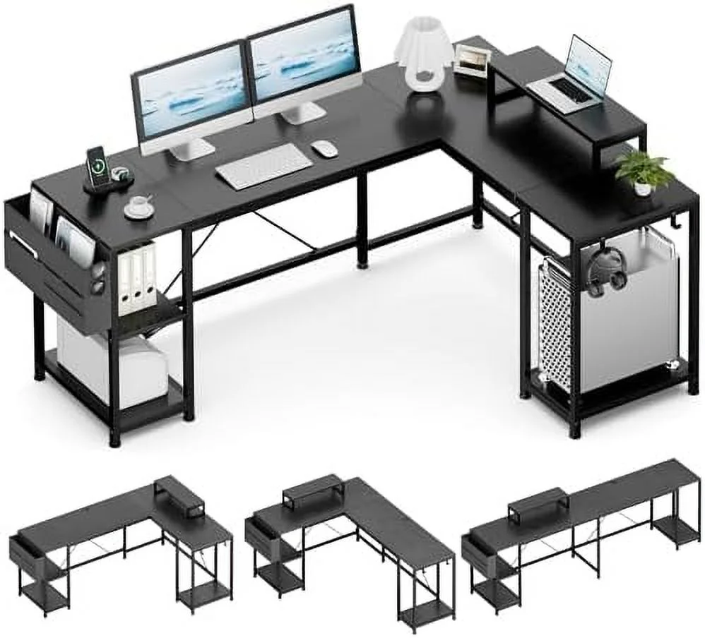 xrboomlife L Shaped Desk  95" Reversible Corner Computer Desk with  Shelves  Monitor Stand   Bag  2 Person Long Desk for Home Office Writing Study Workstation Table(Grey)