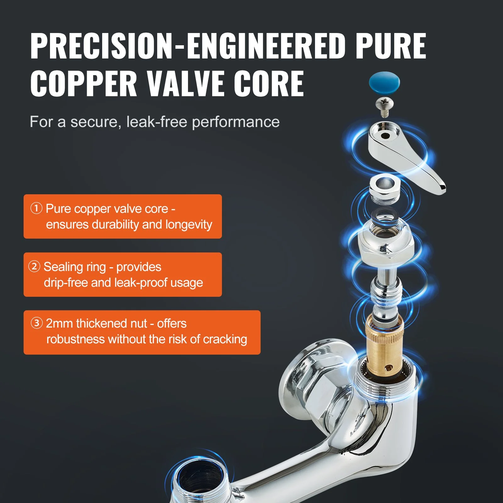 VEVOR Commercial Kitchen Faucet with Pre-Rinse Sprayer, 44-Inch Height, Wall Mount, 12-Inch Swing Spout, 8-Inch Center, Brass Construction, Pull Down Spray for 1/2/3 Compartment Sinks