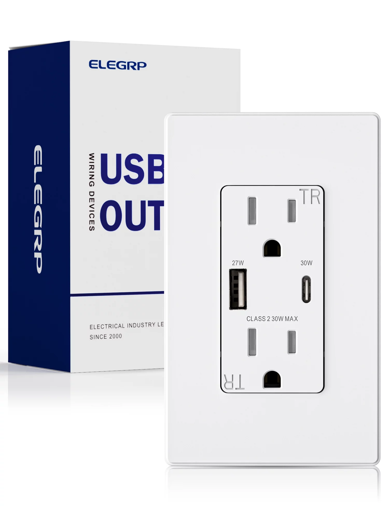ELEGRP 30W USB Wall Outlet, Type A & Type C for Power Delivery PD3.0 and Quick Charge, 15A USB Receptacle, w/ Wall Plate, (1 Pack,White)