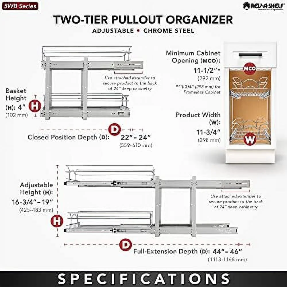 STVBCN 2-Tier Kitchen Cabinet Pull Out  and Drawer Organizer Slide Out Pantry  Basket in Multiple Sizes  12 x 18 In  5WB2-1218CR-1