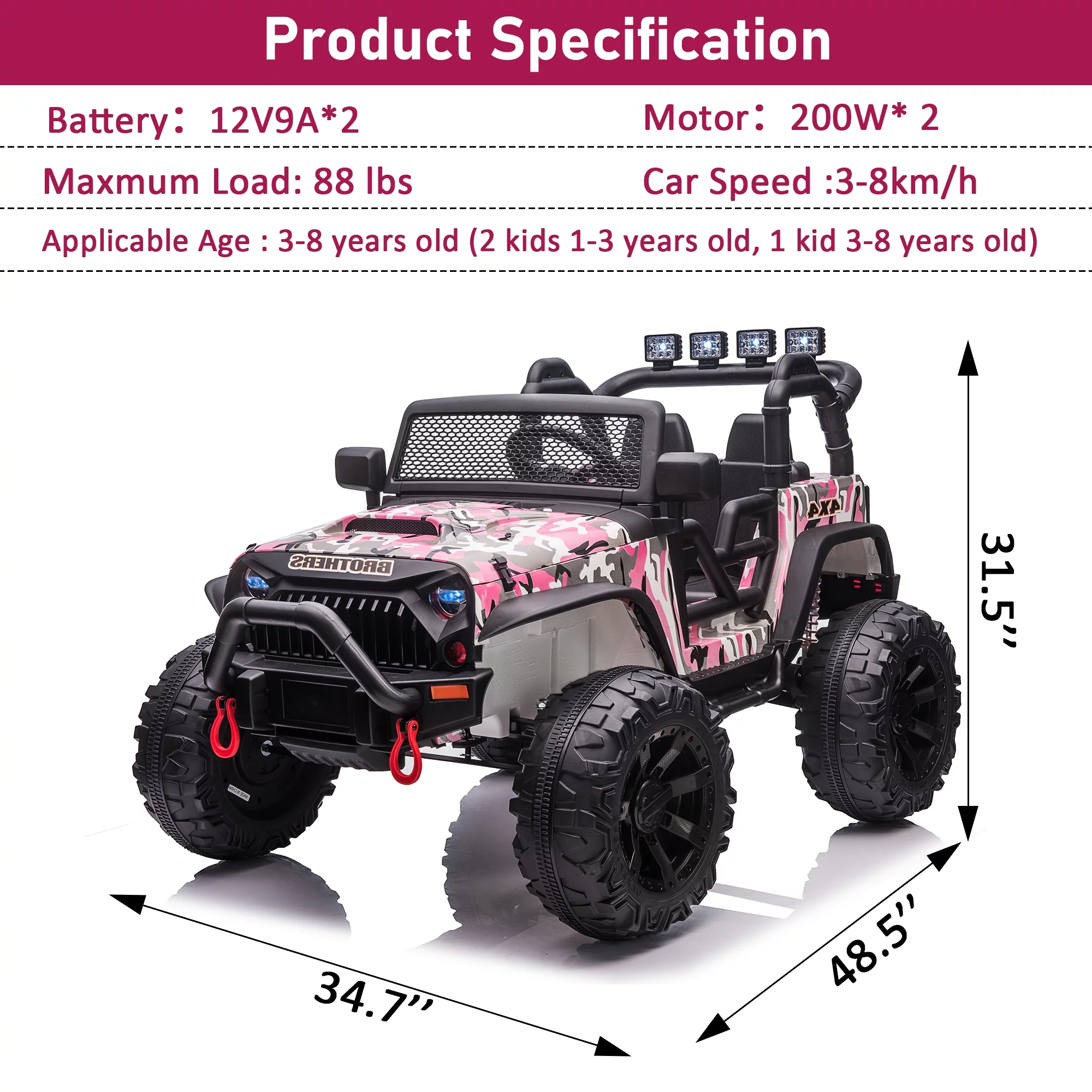 Ufurpie 24V JEEP Double Drive Children Ride-on Car With 200W*2 12V9AH*2 Battery,Parent Remote Control,Led Lights,Music Board with Bluetooth/MP3,Pink Camo