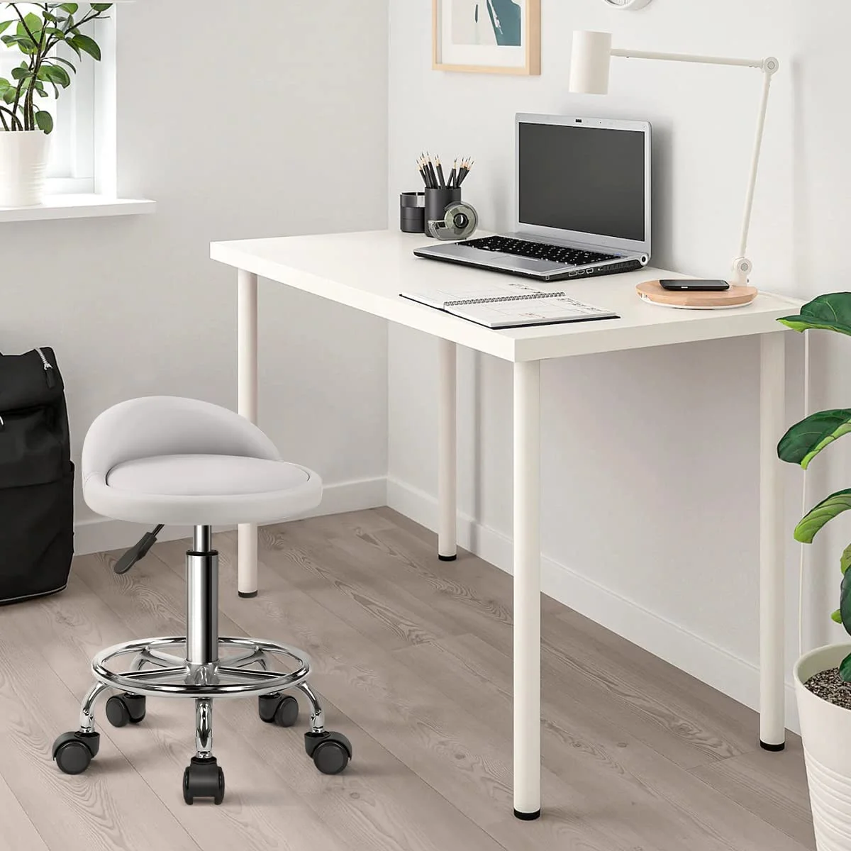 PU Leather Round Rolling Stool with Foot Rest Height Adjustable Swivel Drafting Work SPA Task Chair with Wheels (White)