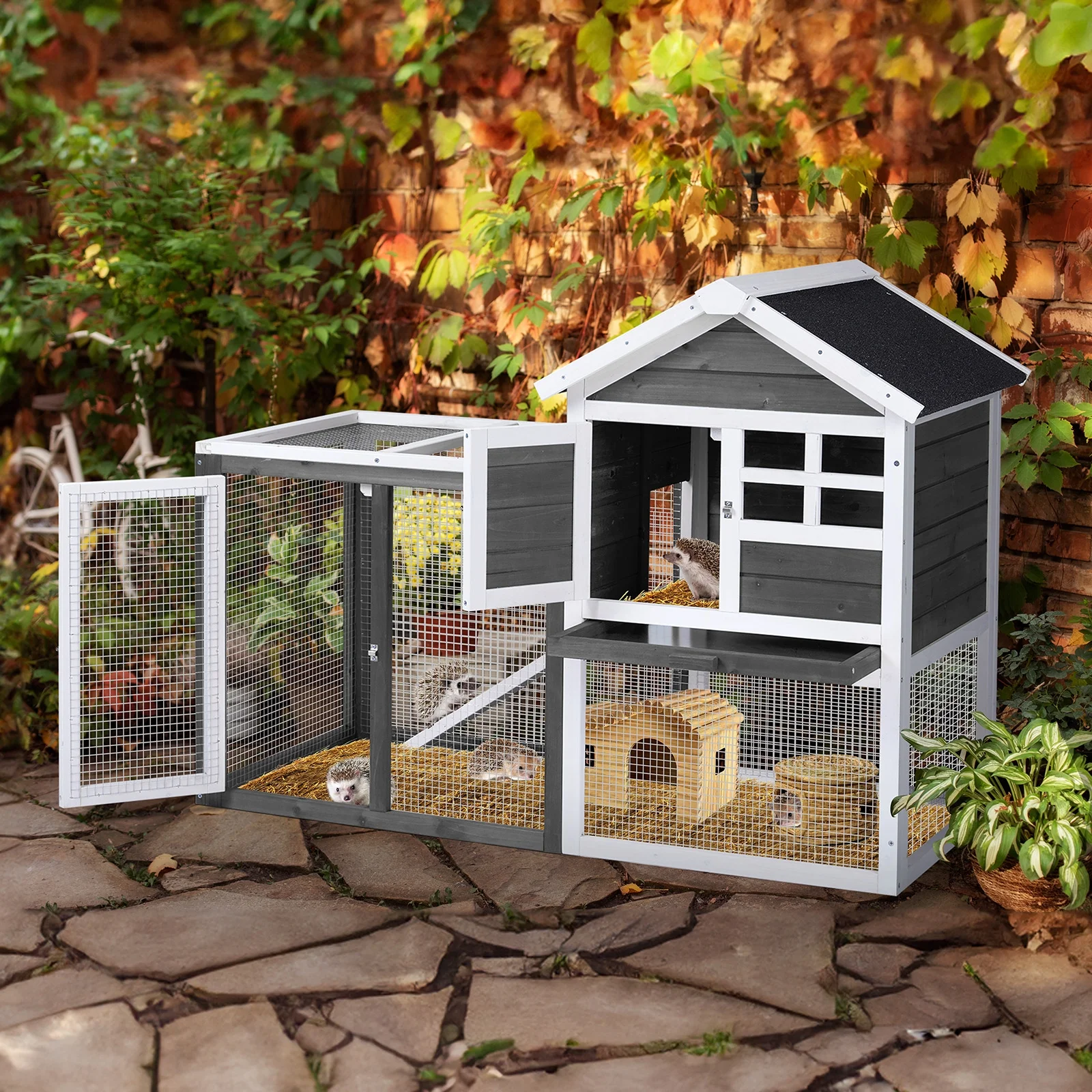 48“*24.8*35” House Model with Run Ladder Gray Fir Wooden Chicken Rabbit Cage with Removable Upper Tray
