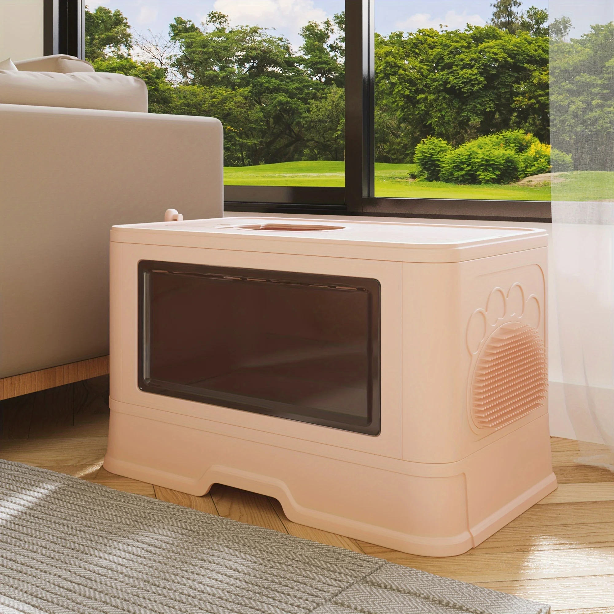 Large Enclosed Cat Litter Box with Lid Cover, Hooded Odorless Cat Toilet with Litter Scoop Cat Self Groomer Deodorizer Filter Front Entry Top Exit Door, Easy to Install and Clean