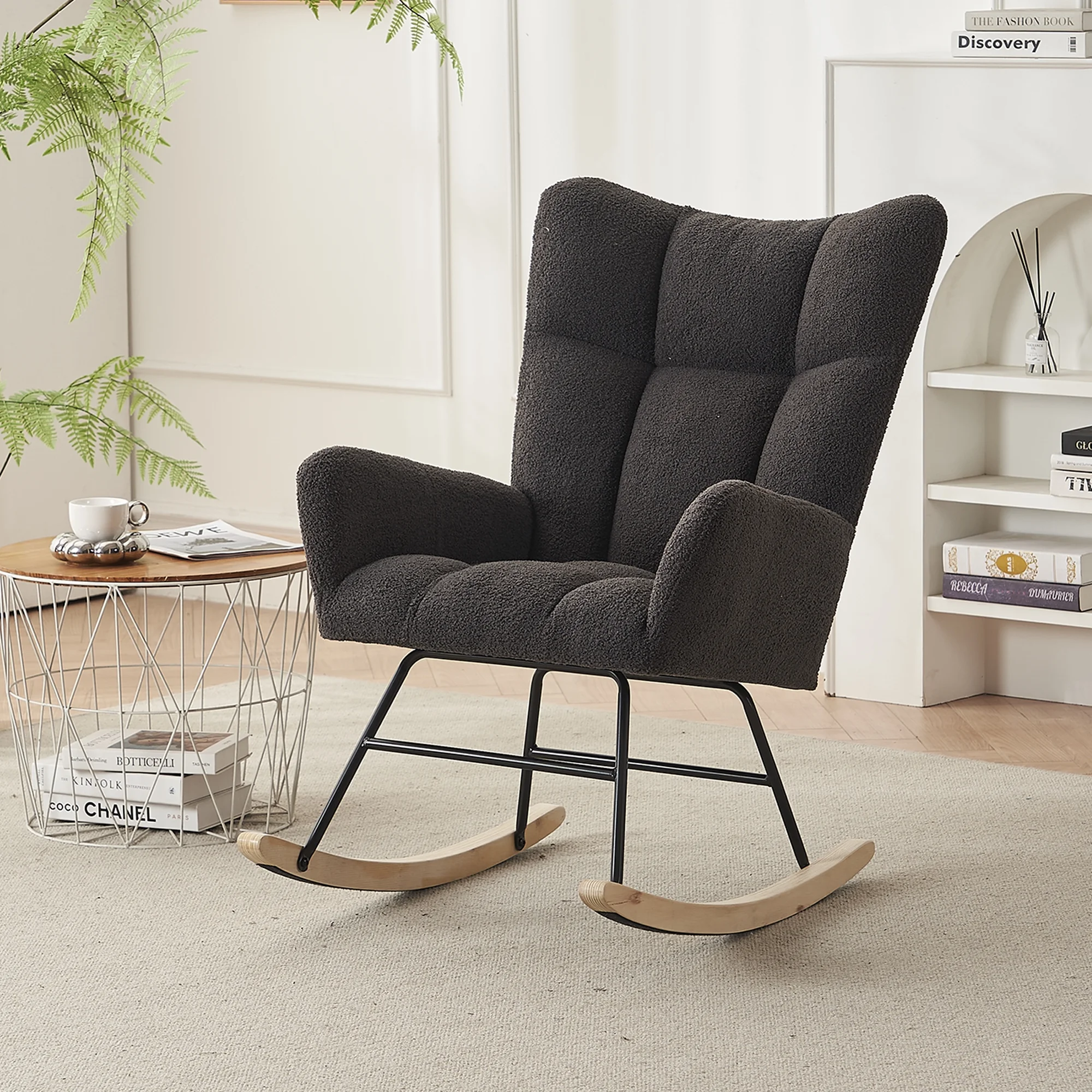 SYNGAR Modern Rocking Chair, Nursery Chair Teddy Fabric Upholstered Glider Rocker Comfy Accent Chair with High Backrest and Wood Curved Base for Living Room, Bedroom, Office, Dark Gray