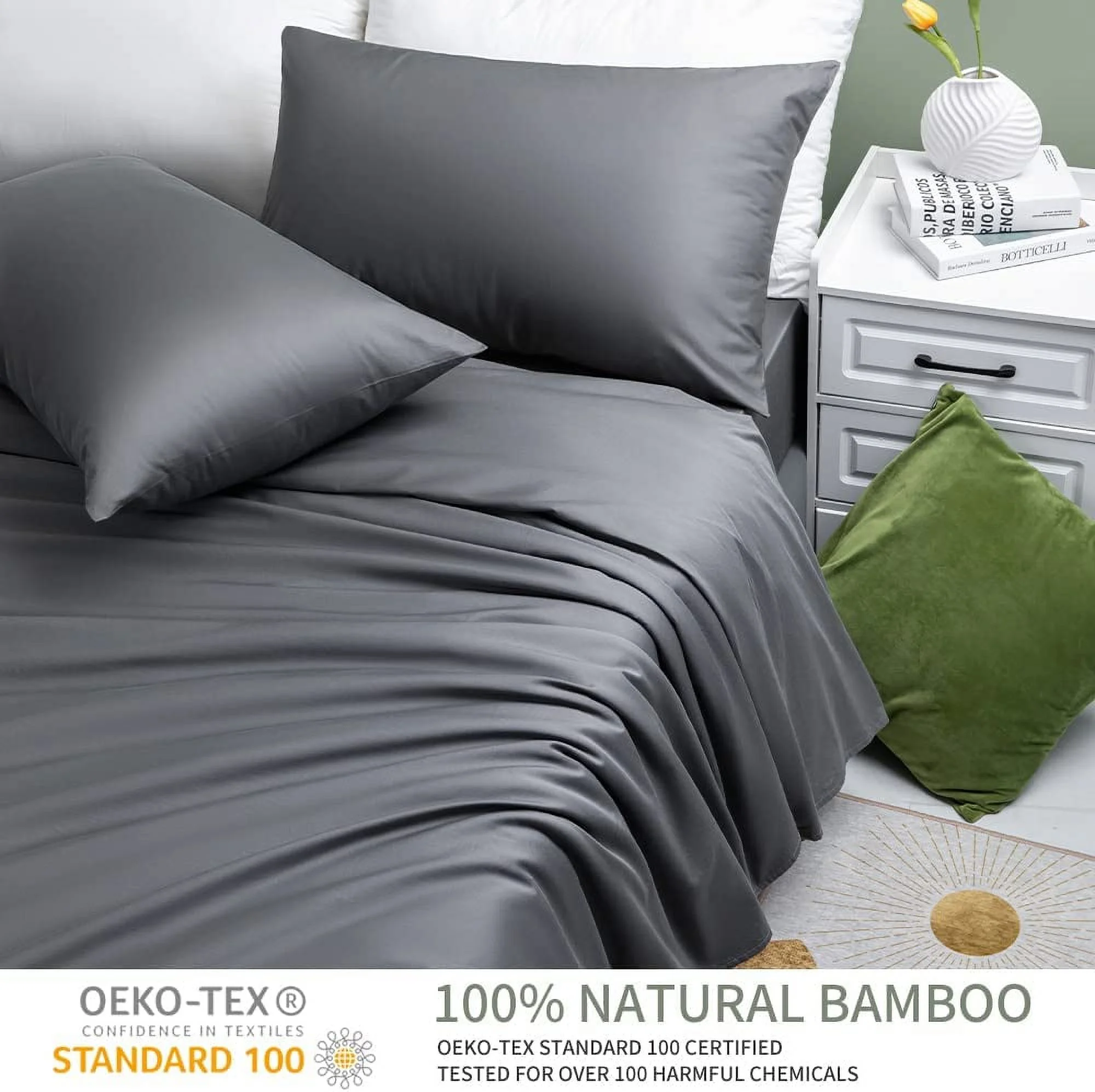 XIANMM 100% Cooling Bamboo_ Sheets Set- King Size 1800 Thread Count Soft Bed Sheets,16 Inch Deep Pocket,Breathable,Comfortable and Pilling Resistant -4PC(King,Dark Grey)
