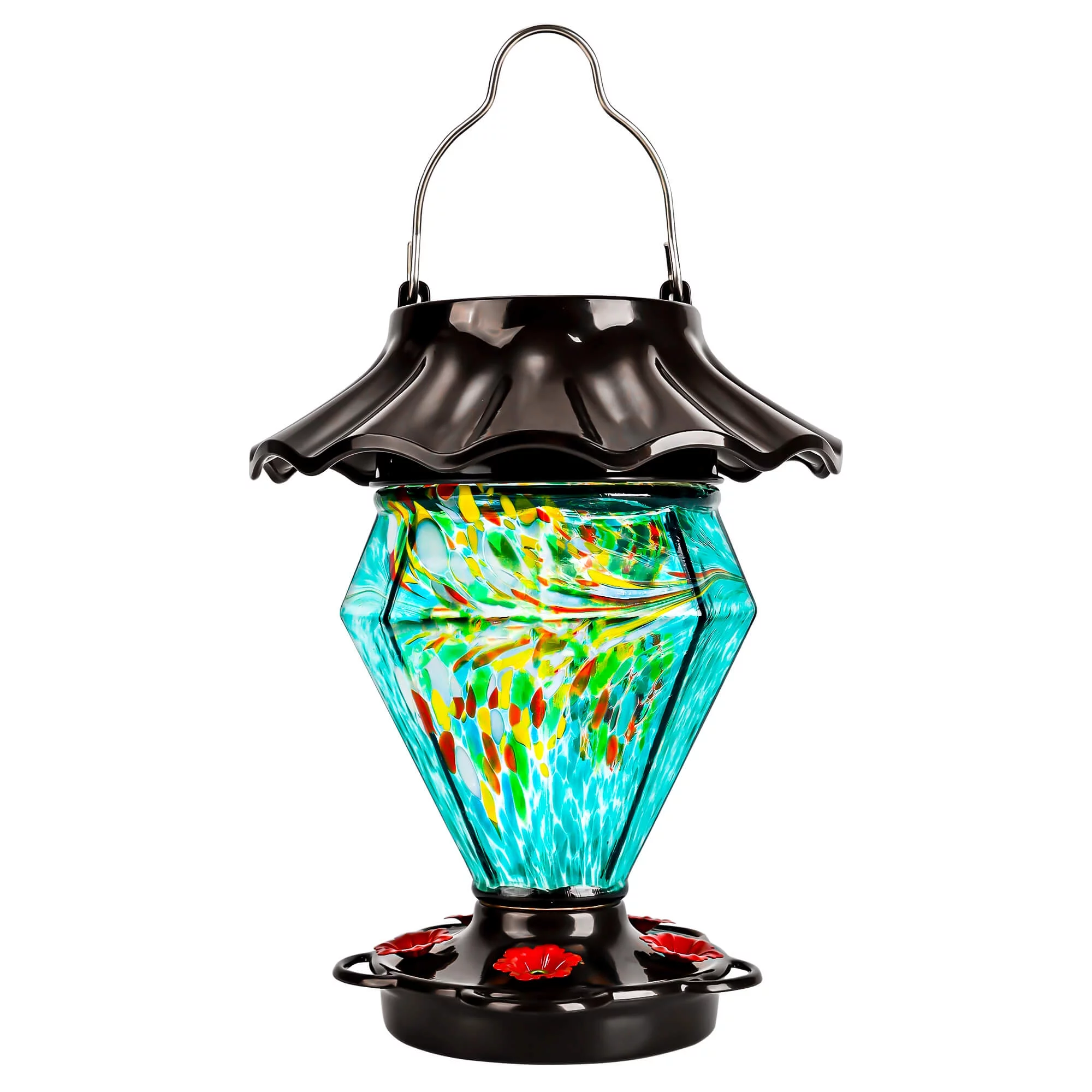 LUJII Solar Powered Color Changing Hummingbird Feeder for Outdoors Hanging, Gem Diamond Shaped Hand Blown Glass, 35 fl.oz, Never Leak, Illuminated Lantern for Garden Decor, Gift for Friends, Teal