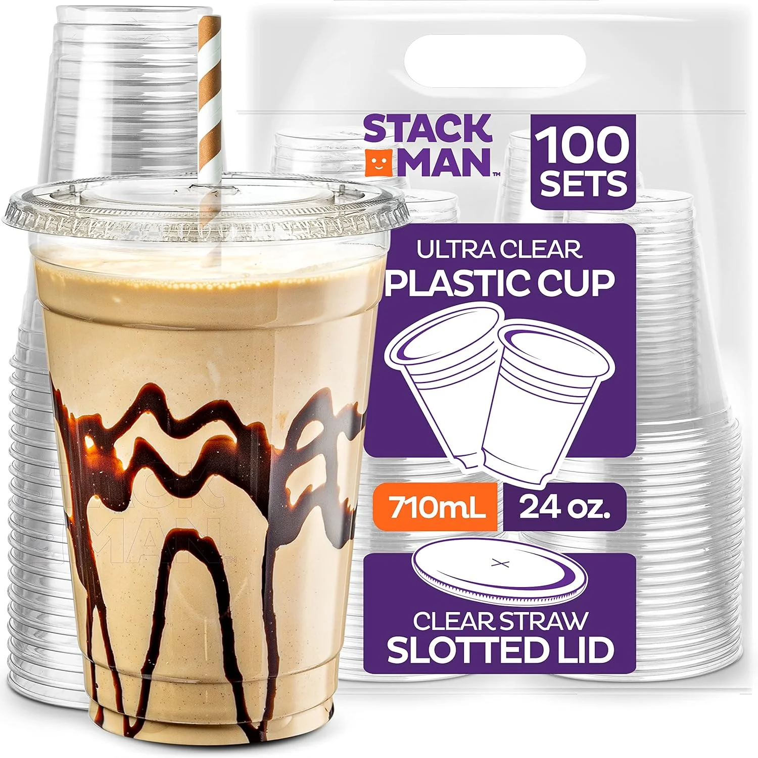 Stack Man [100 Sets - 24 oz.] Clear Plastic Cups with Straw Slot Lid, PET Crystal Clear Disposable 24oz Plastic Cups with lids