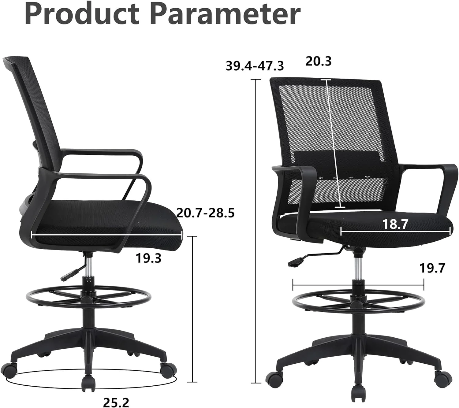 YiSHOP Drafting Chair Computer Standing Desk Chair Tall Office Chair with Lumbar Support Adjustable Foot Ring for Mesh Ergonomic Mid-Back Desk Chair (Black)
