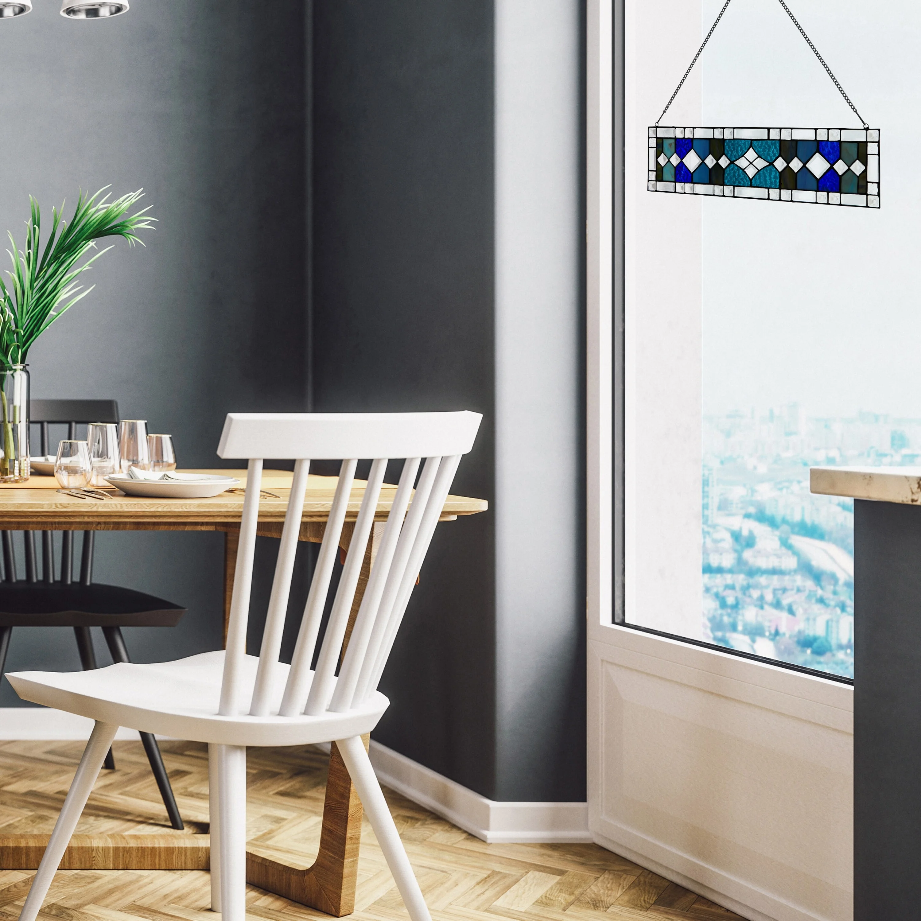 River of Goods  Diamonds  Shades of Blue Stained Glass Window Panel - 18.25