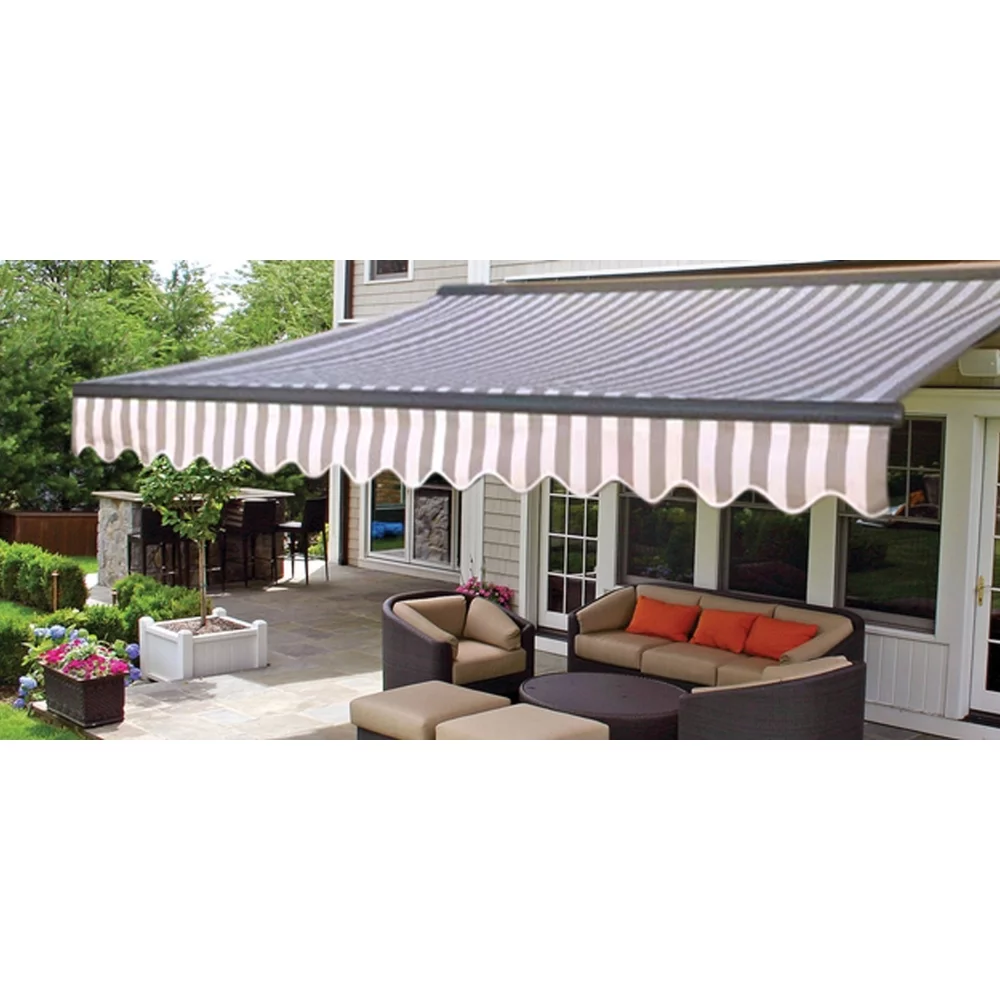 ALEKO 10'x8' Sunshade Half Cassette Retractable Patio Deck Awning, Grey and White Striped Color