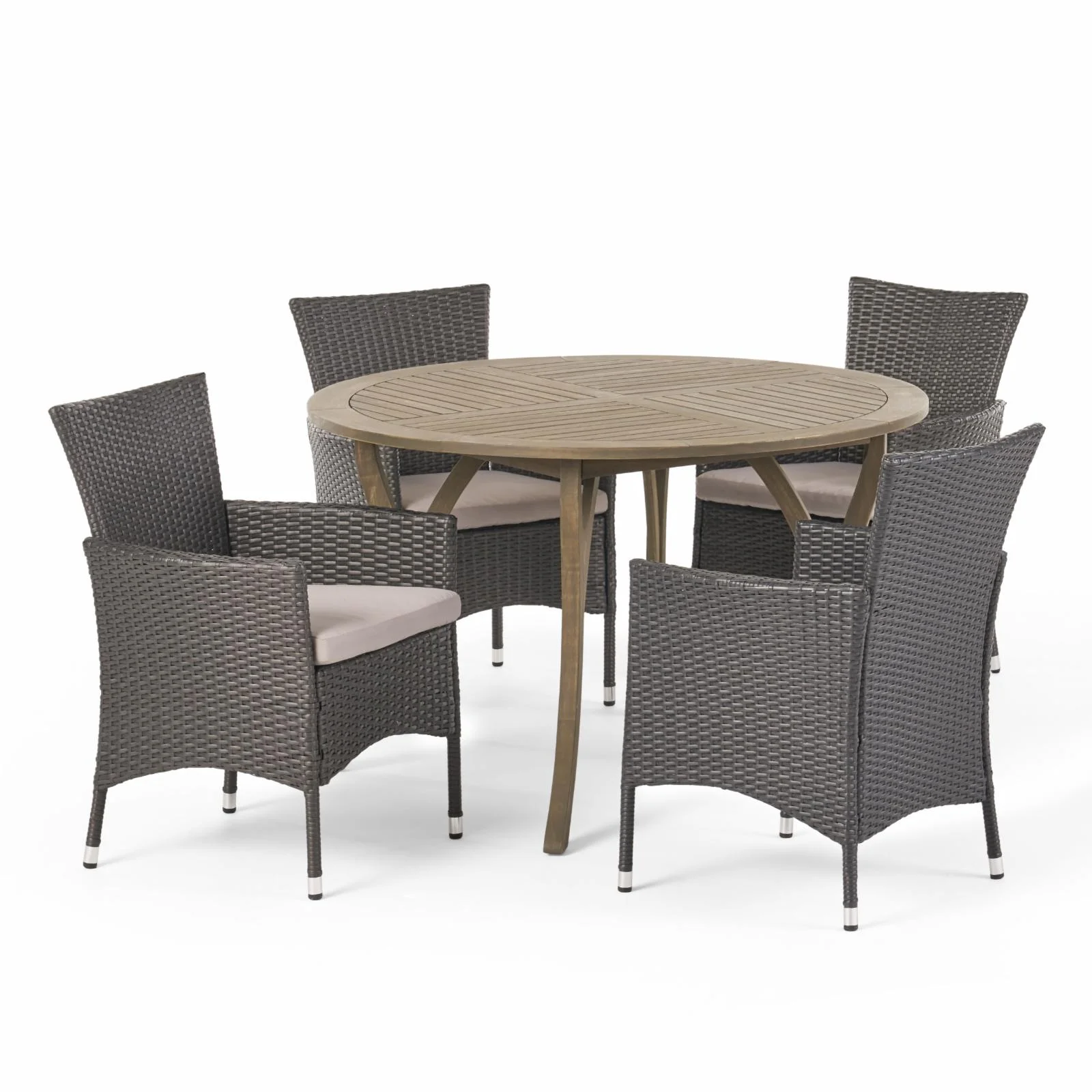 Owenn Outdoor Acacia Wood and Wicker 5 Piece Dining Set with Cushion - Teak - Multibrown - and Beige