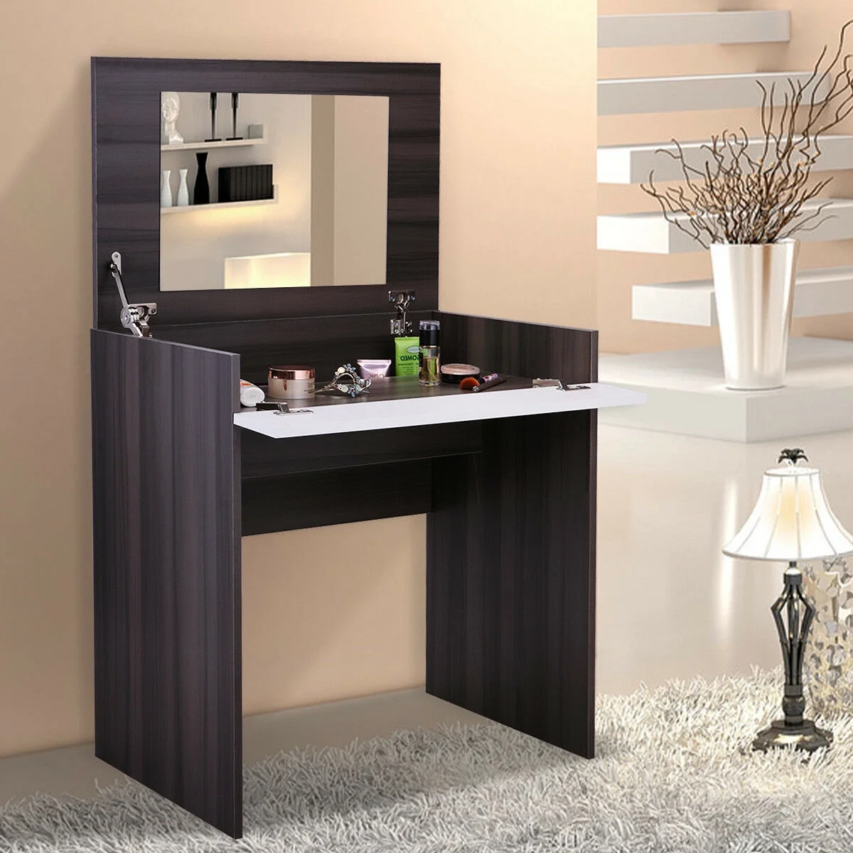 Veryke Vanity Set, Makeup Vanity Table for Bedroom, Makeup Table Dressing Table with Flip up Mirror and Hidden Storage Box, Ebony