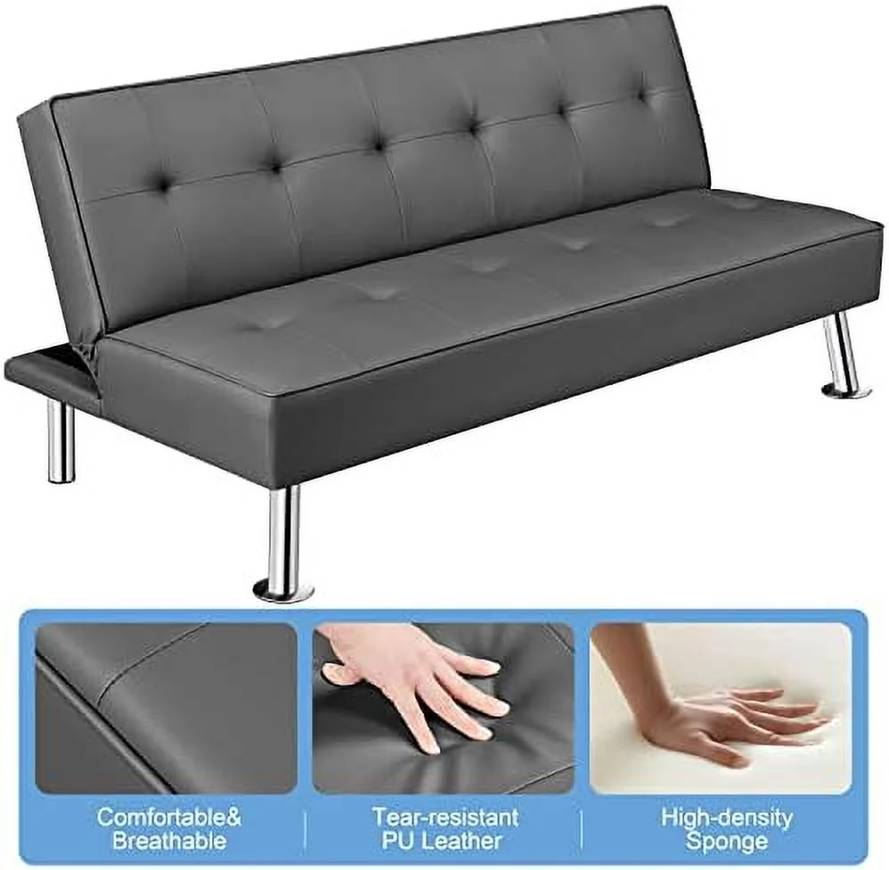 CHNBVC Convertible Sofa Couch Futon Bed Faux Leather Sofa Bed Sleeper Adjustable Loveseat Futon Couch Living Room  with Chrome Metal Legs  Brown