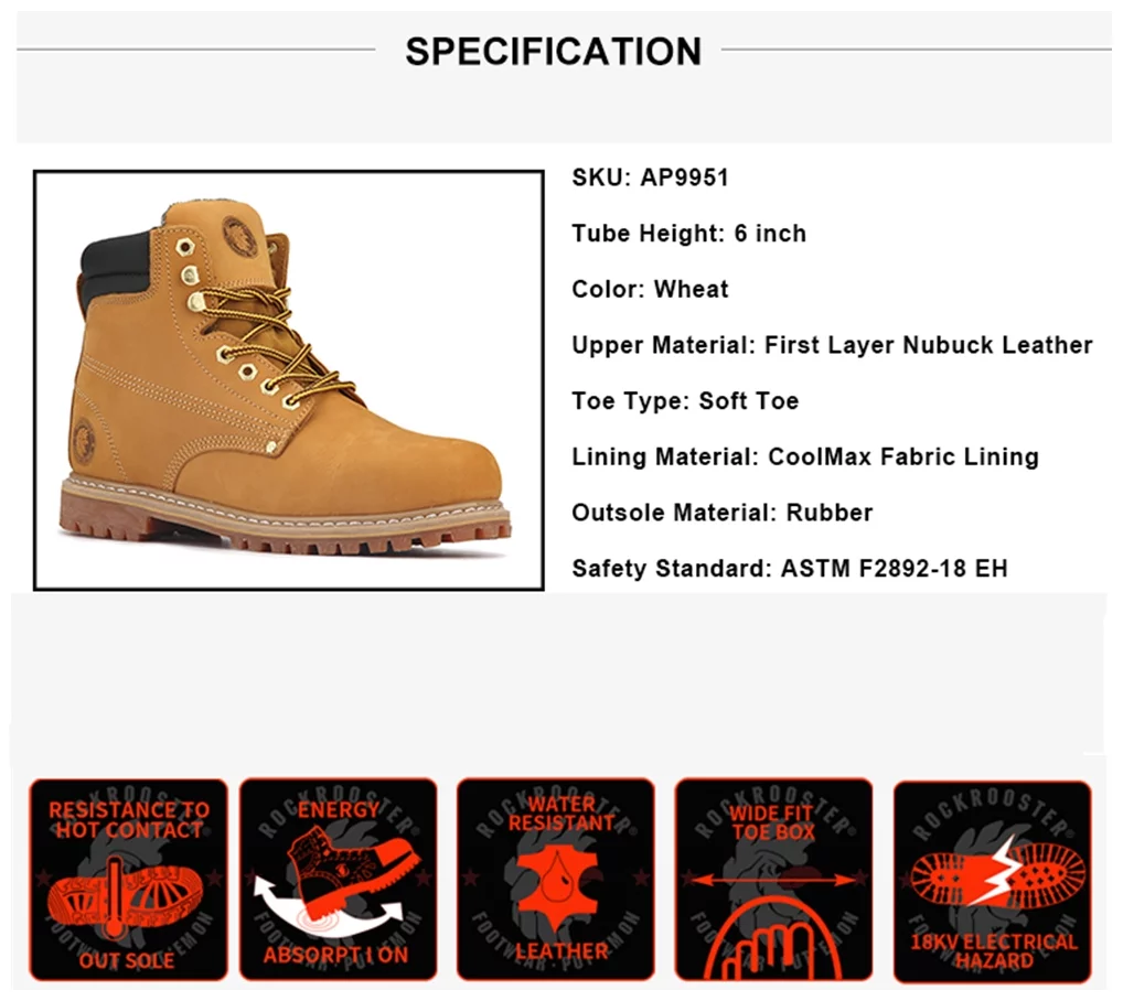 RockRooster 6 inch Soft Toe Electrical Shock Protection Leather Safety Boots