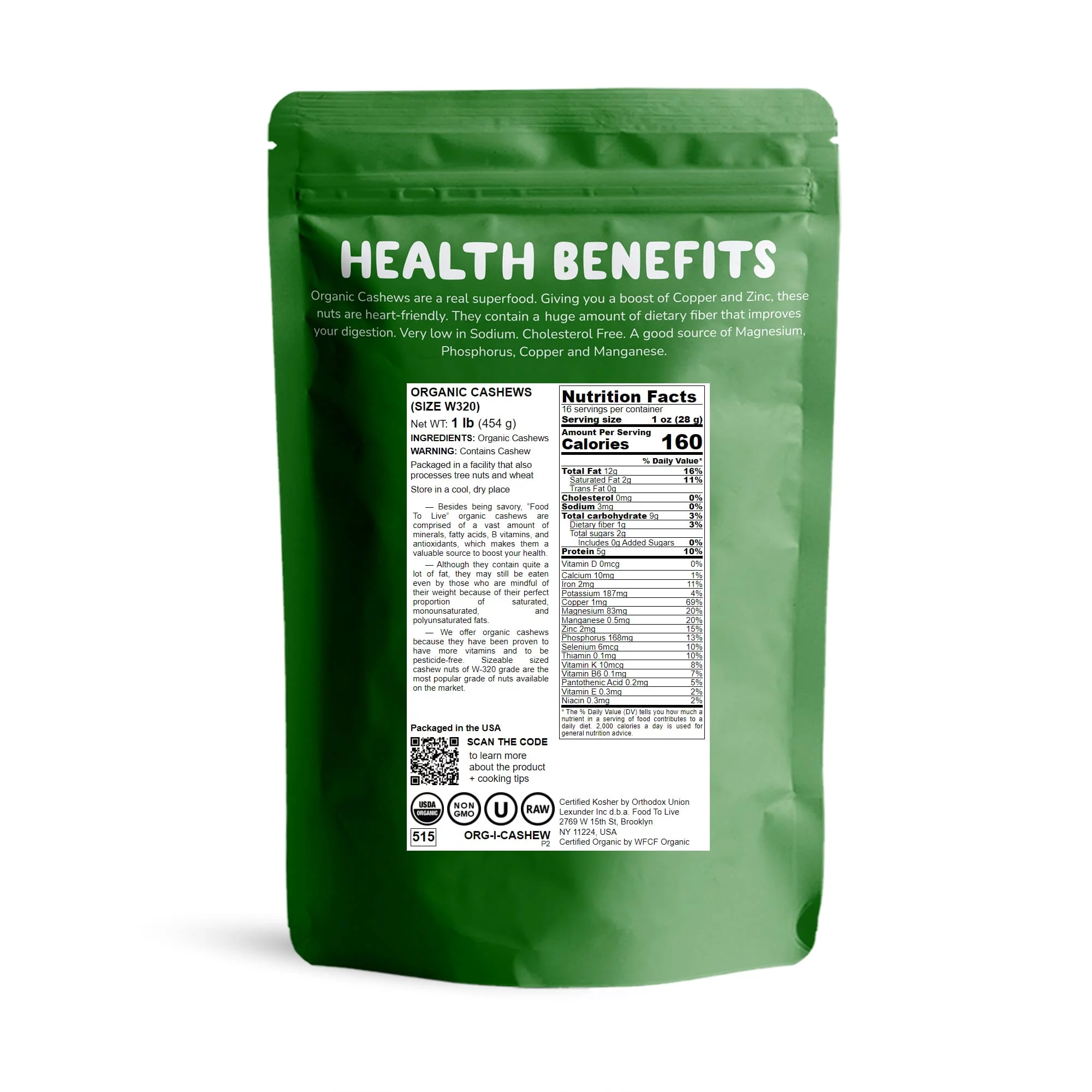 Food to Live, Organic Whole Cashews, W320, 1 Pound, Non-GMO, Kosher