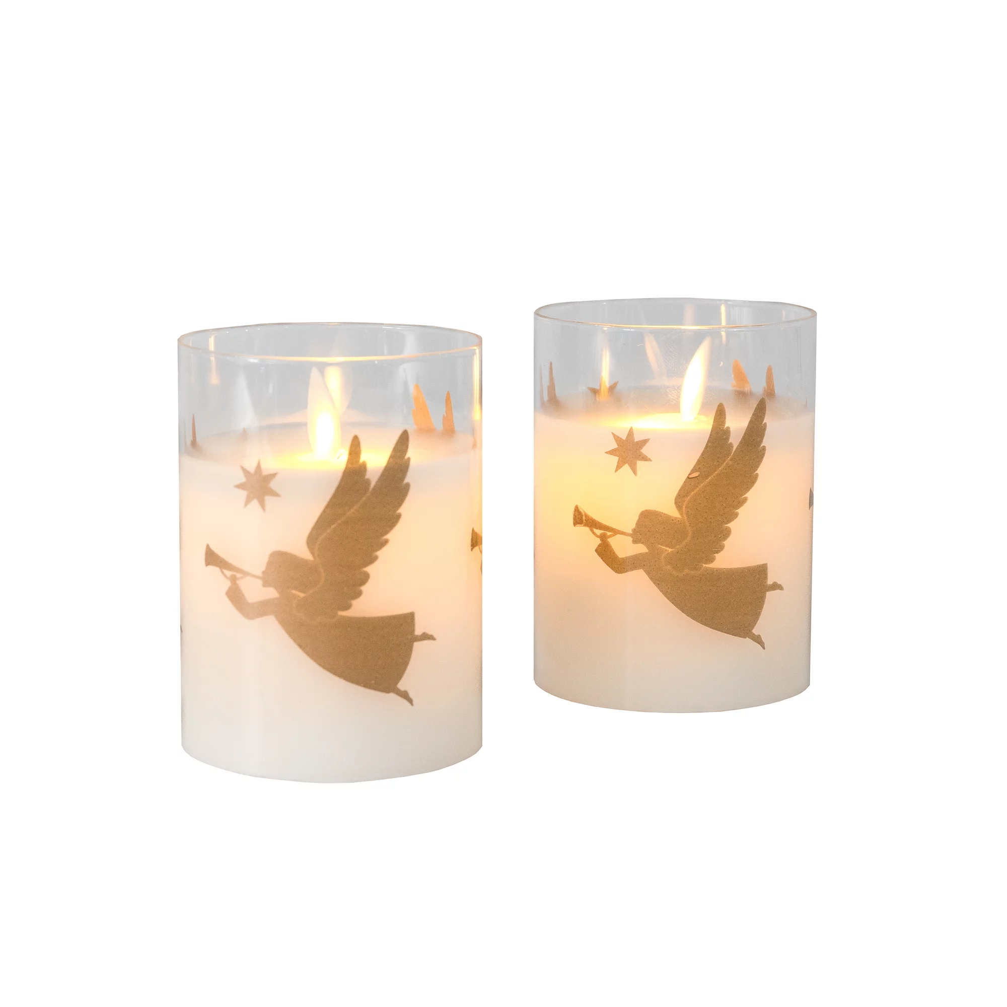 LumaBase Battery Operated Glass LED Candles with Moving Flame, Gold Angels - Set of 2