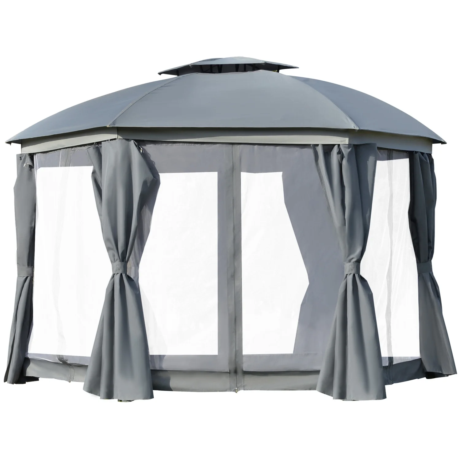 JHOOTUUO 12‘ x 12‘ Round Outdoor Gazebo  Patio Dome Gazebo Canopy Shelter with Double Roof  Netting Sidewalls and Curtains  Zippered Doors  Strong Steel Frame  Grey