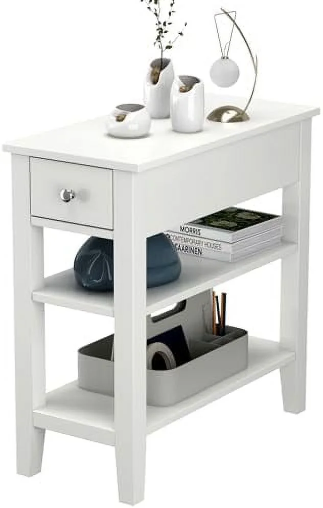 JDZHAPPYLIFE Night Stand End Tables with  Drawer and 2 Tiers   23.6"  Bookshelf for Bedroom  Living Room  Easy Assembly (White)