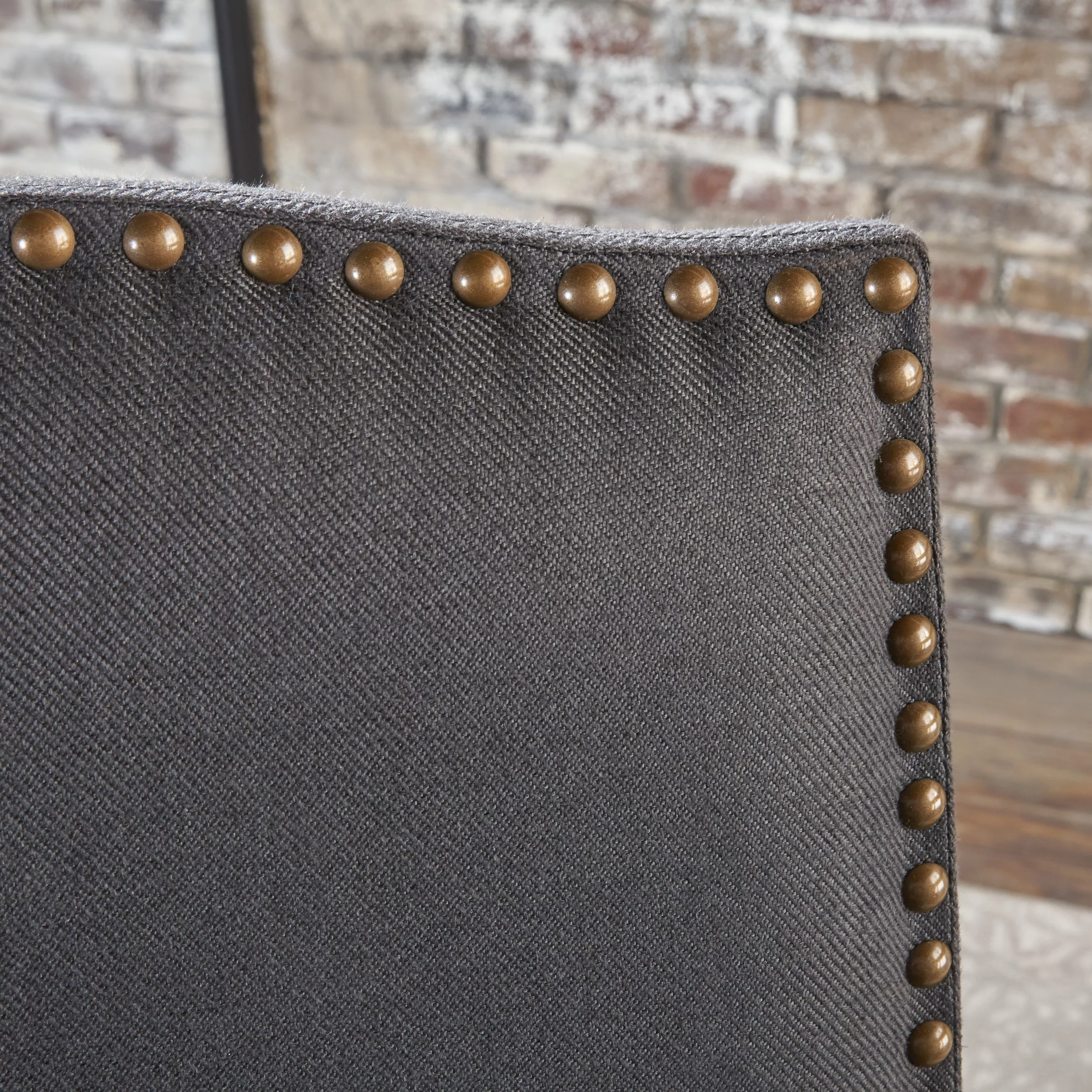 Noble House Merritt Fabric Upholstered Counter Stool with Nailhead Trim, Set of 2, Dark Charcoal and Walnut