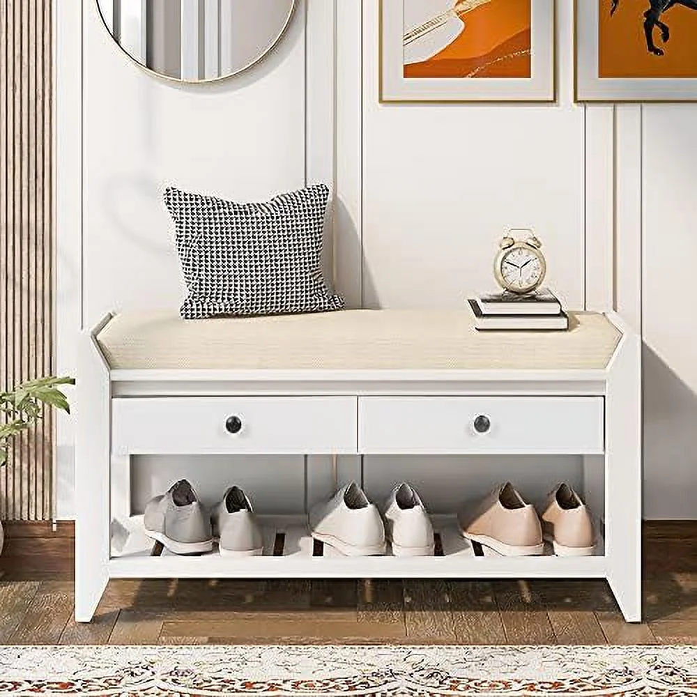 ZWNLKQG Entryway  Bench with Cushioned Seat Shoe Rack with 2 Drawers and    Antique Navy
