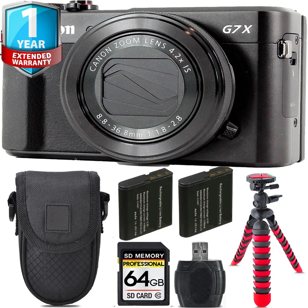 Canon PowerShot G7 X Mark II Camera + Extra Battery +Tripod + 1 Yr Warranty -64GB Kit