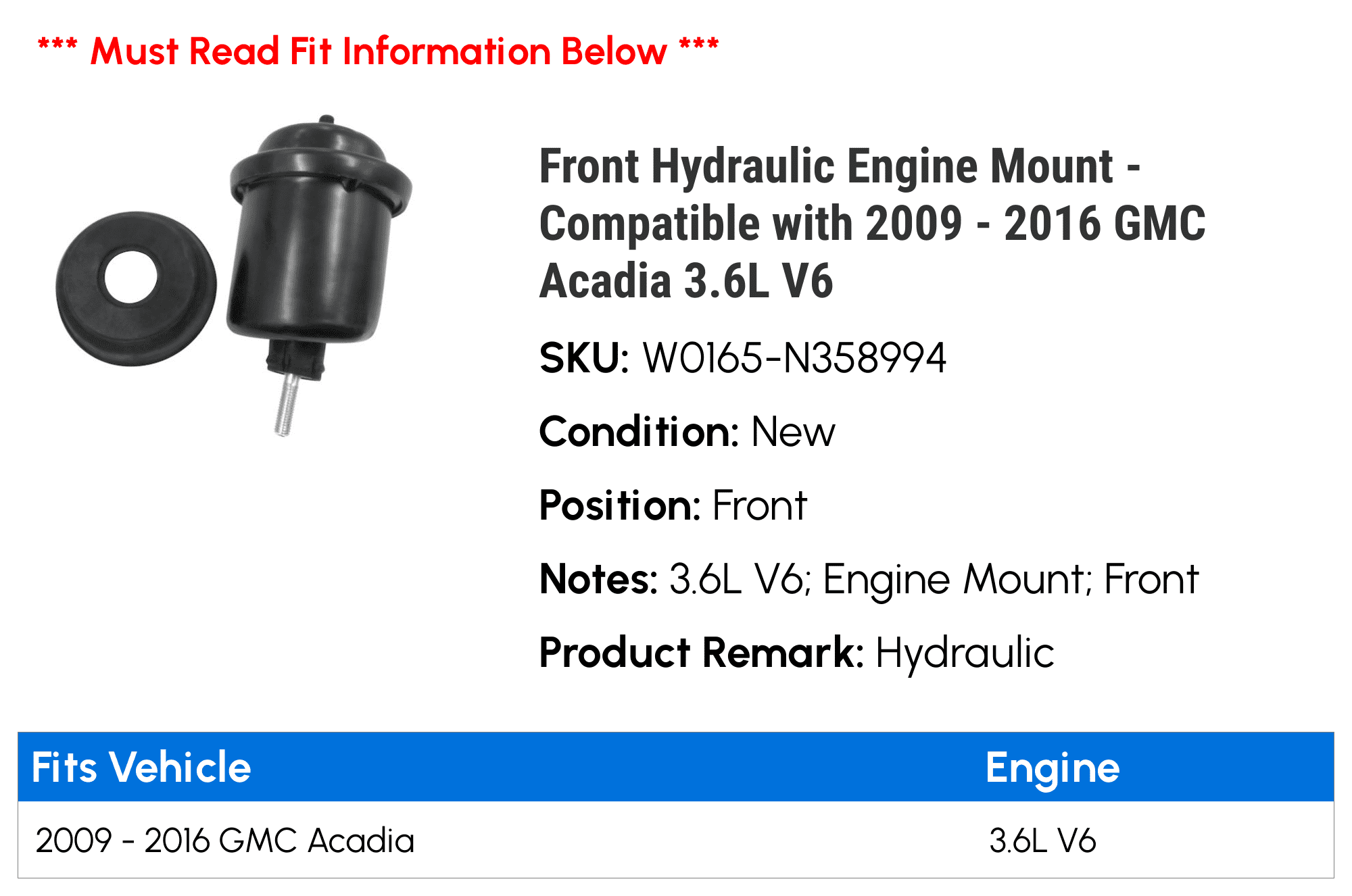 Front Hydraulic Engine Mount - Compatible with 2009 - 2016 GMC Acadia 3.6L V6 2010 2011 2012 2013 2014 2015