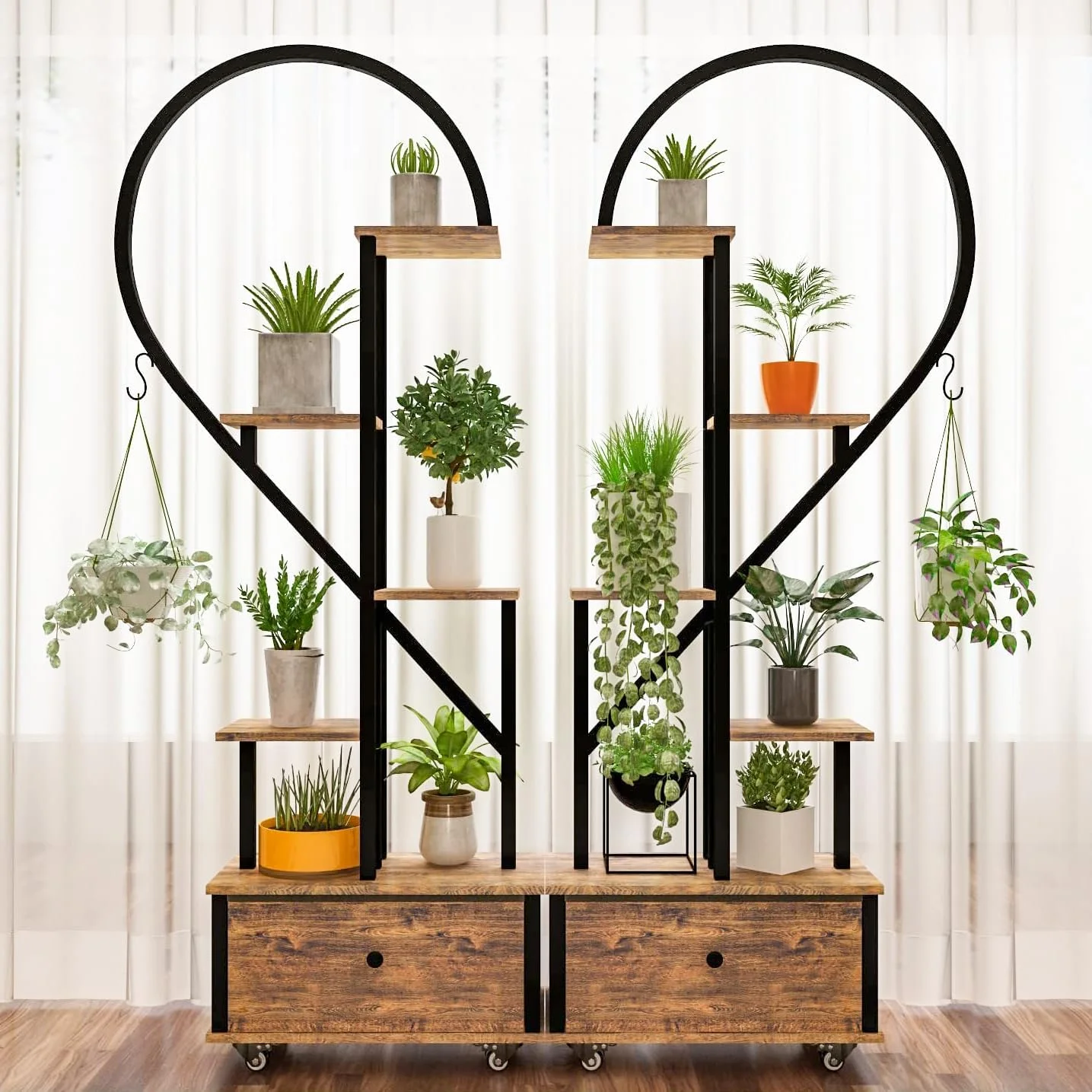 2 Pcs 5 Tier Metal Indoor Plant Stand with Wheels, Wood Plant Stands,Multi-Purpose Plant Stands for Outdoor, Home Decor, Balcony, Patio, Garden, Gardening Gifts for Mom