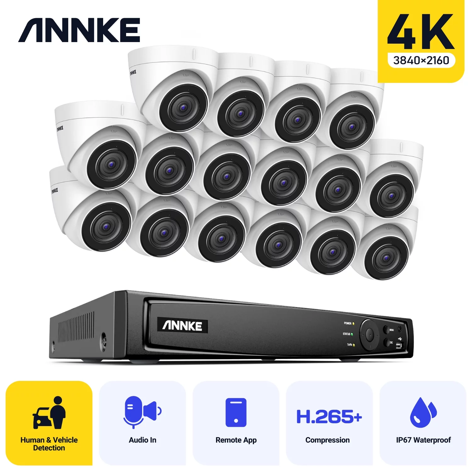 ANNKE 8CH 4K Ultra HD Poe Network Video Security System 8MP H.265+ NVR with 16pcs 8MP Weatherproof IP Camera Support 128G TF Card Without Hard Drive
