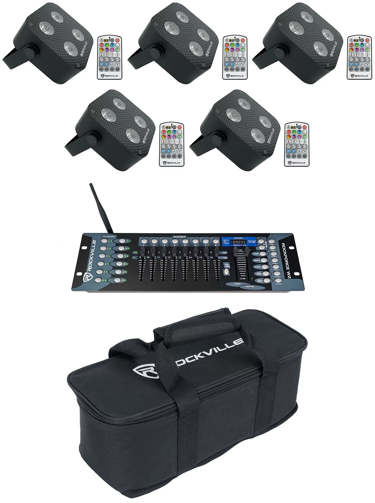 5) Rockville MINI RF4 Black RGBWA+UV DJ/Party LED Wash Lights+DMX Controller+Bag