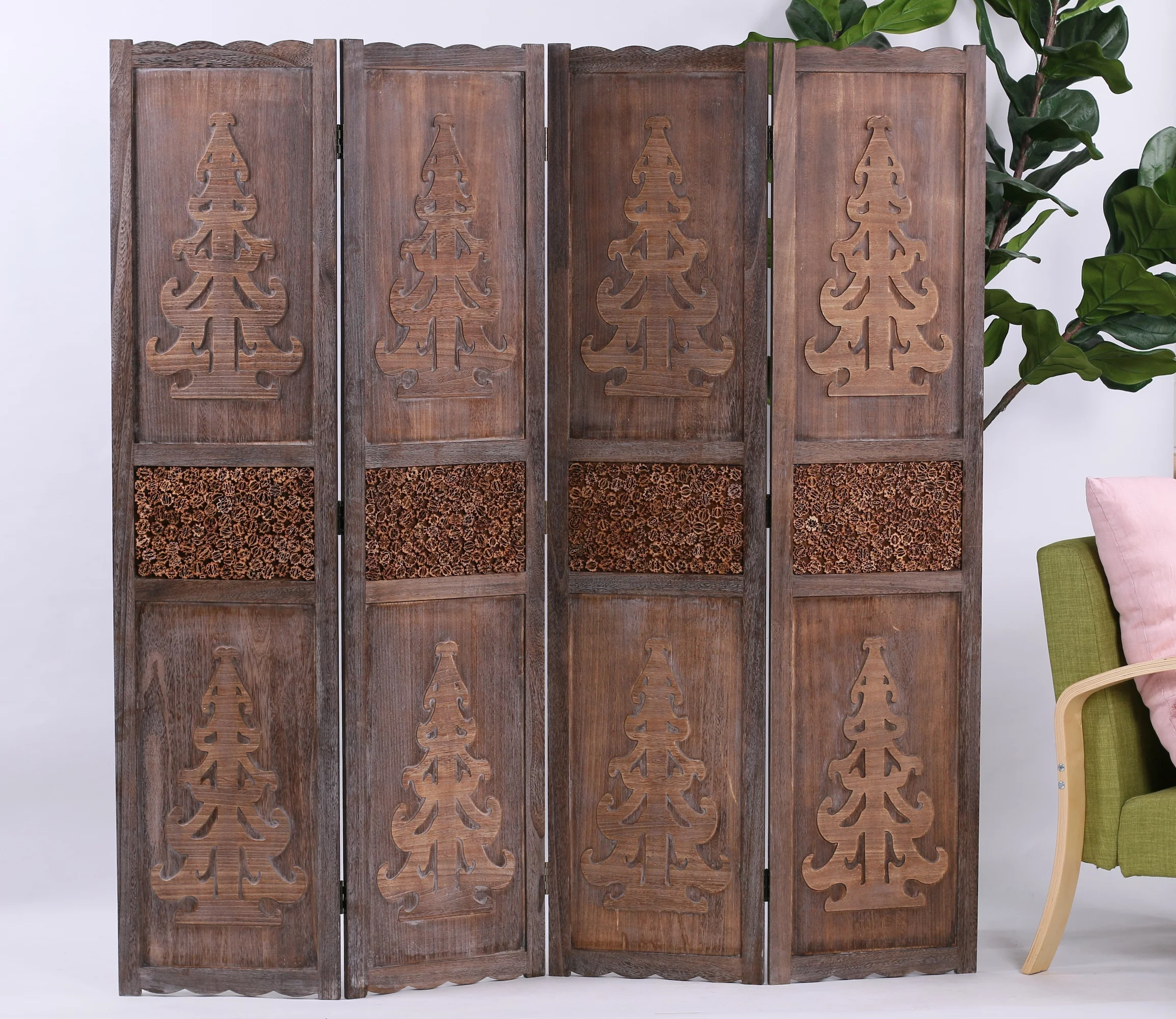 Legacy Decor 4 Panel Solid Wood Room Divider With Handcrafted Design & Brown Finish