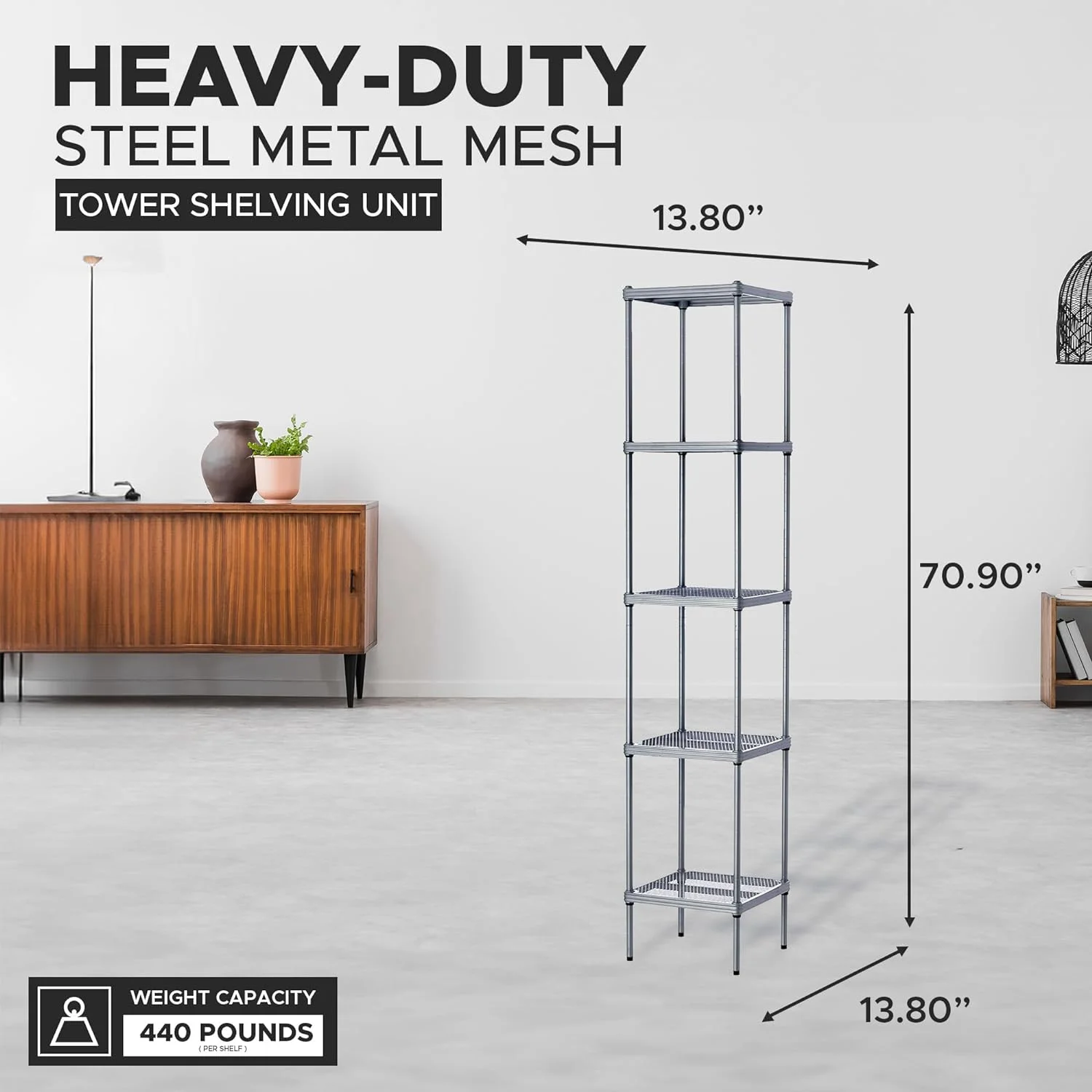 Meshworks 5 Tier Full-Size Metal Storage Shelving Unit Tower For Kitchen, Office And Garage Organization, 13.8” X 13.8” X 70.9” Silver