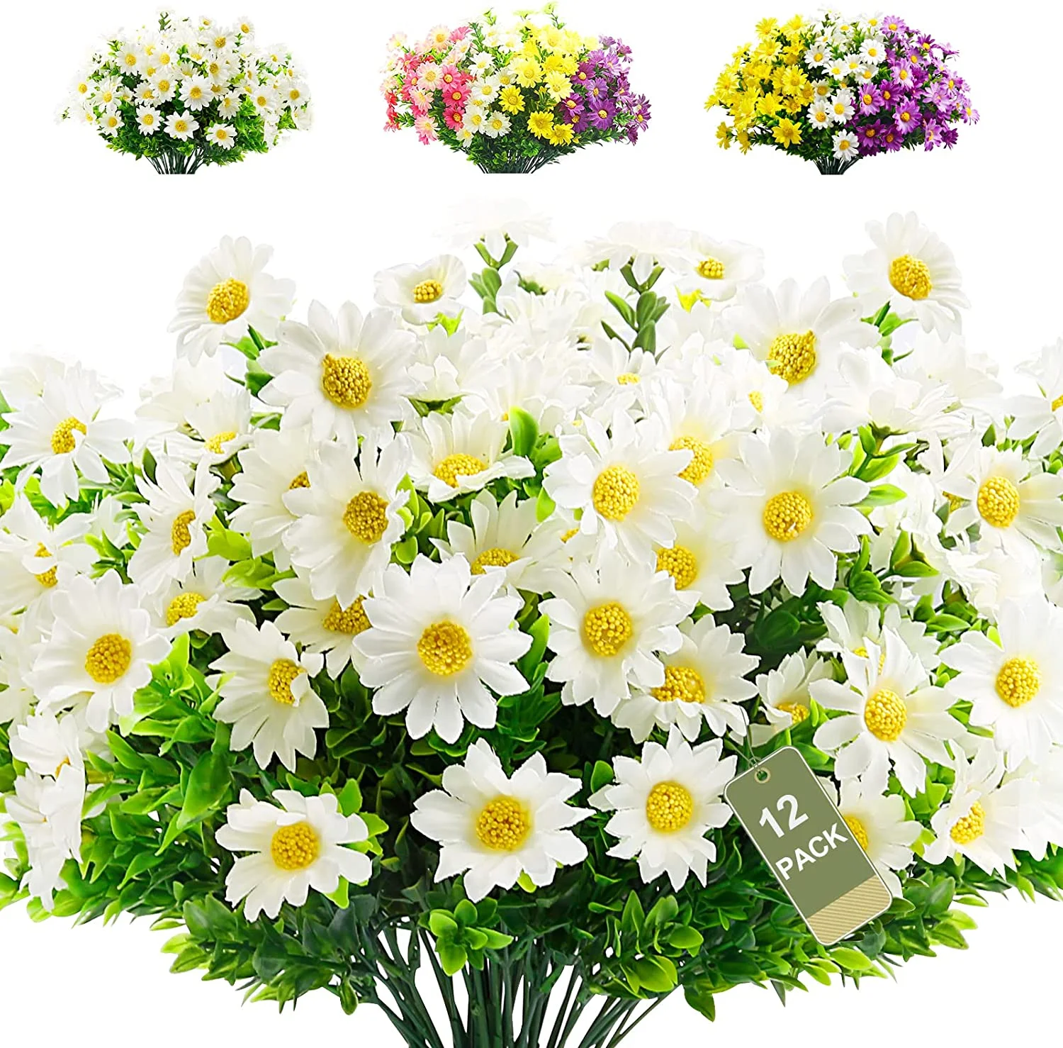 Morttic 12PACK Artificial Daisies Flowers Outdoor Fake Plants White Gerber Daisy Fake Foliage Greenery Faux Plants for Graves Hanging Outside Planter Window Box Wedding Decoration