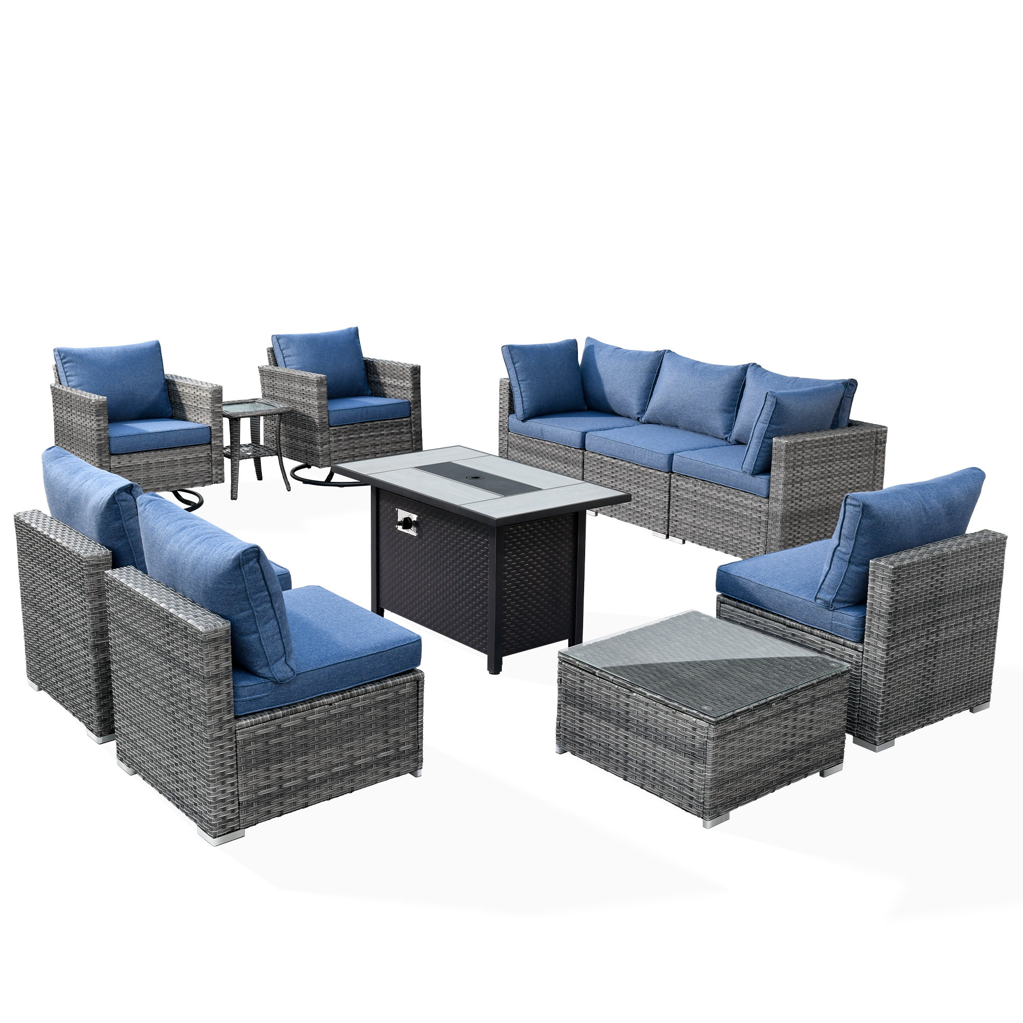 Ovios 11 Pieces Patio Fire Pit Set Outdoor Wicker Sectional Sofa Conversation Set with Swivel Rocking Chairs and Side Table,Denim Blue