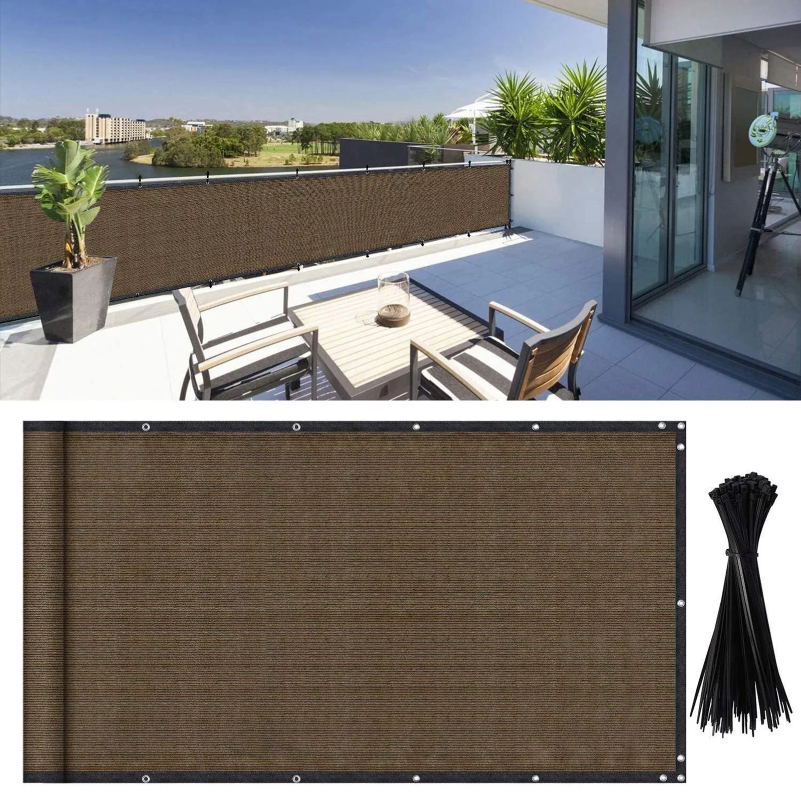 pdqouc Balcony Privacy Screen Fence Cover for Home 3ft X16.4ft Brown Screen for Apartment Porch Outdoor, Backyard, Patio, Included Cable Ties & Rope