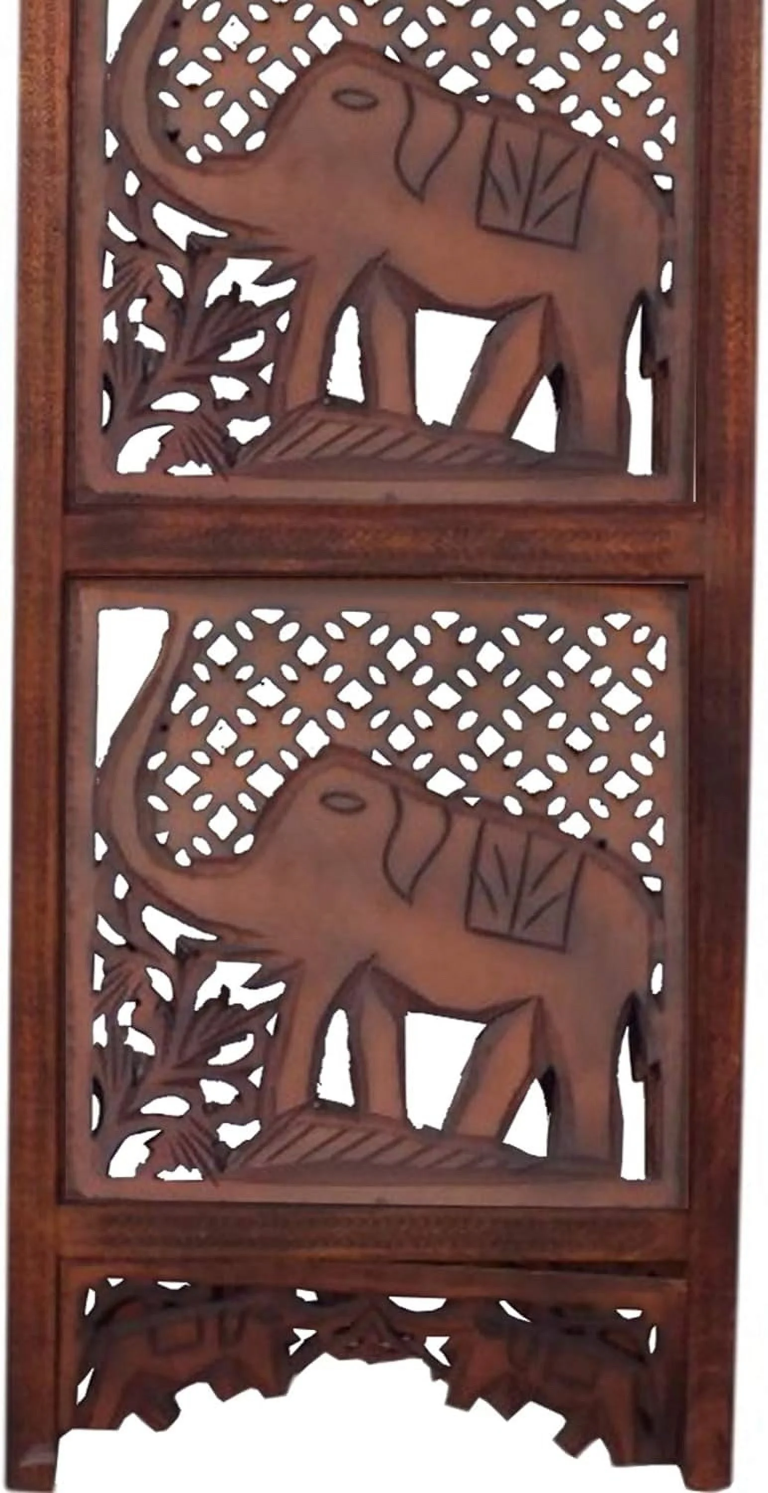 Benzara BM34823 Hand Carved Elephant Design Foldable 4-Panel Wooden Partition Screen/Room Divider, Brown