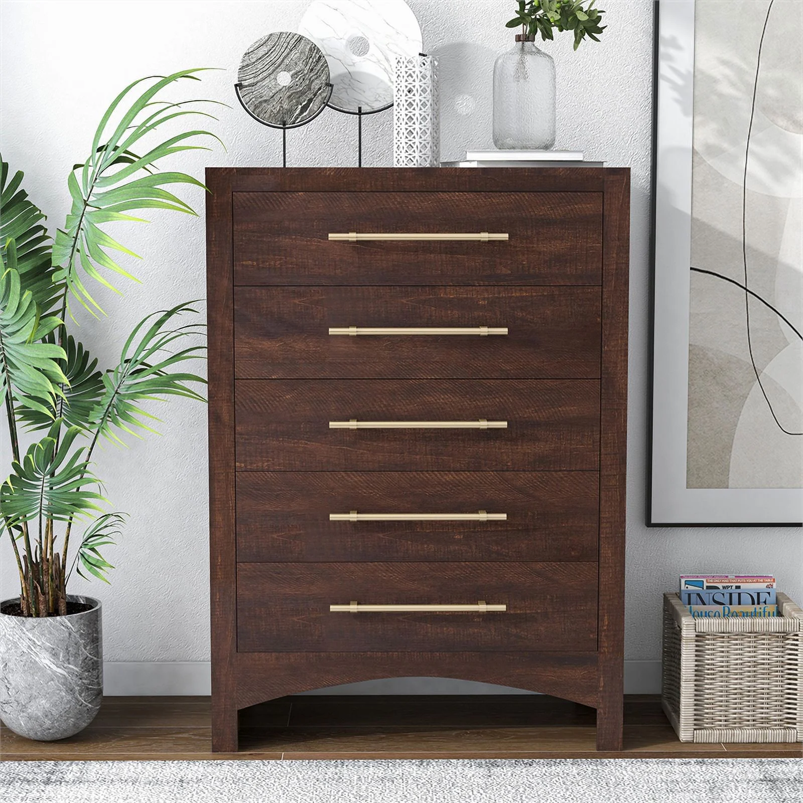 Home Square 3-Piece Set with 2 Nightstands and 5-Drawer Chest in Walnut