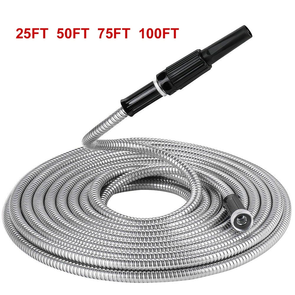 Lucky Monet 25/50/75/100FT  Stainless Steel Garden Water Hose w/ Adjustable Nozzle 25FT
