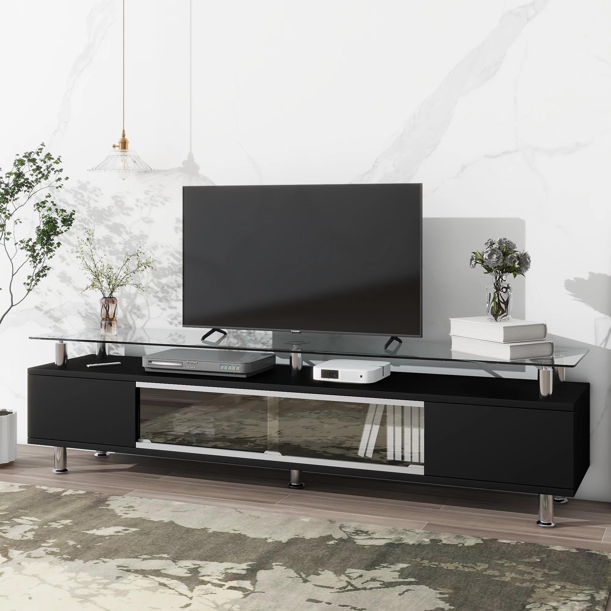 Churanty TV Stand for 70 inch TV Stand with Sliding Glass Door,Media Console TV Cabinet with Glass Top and Storage,Black