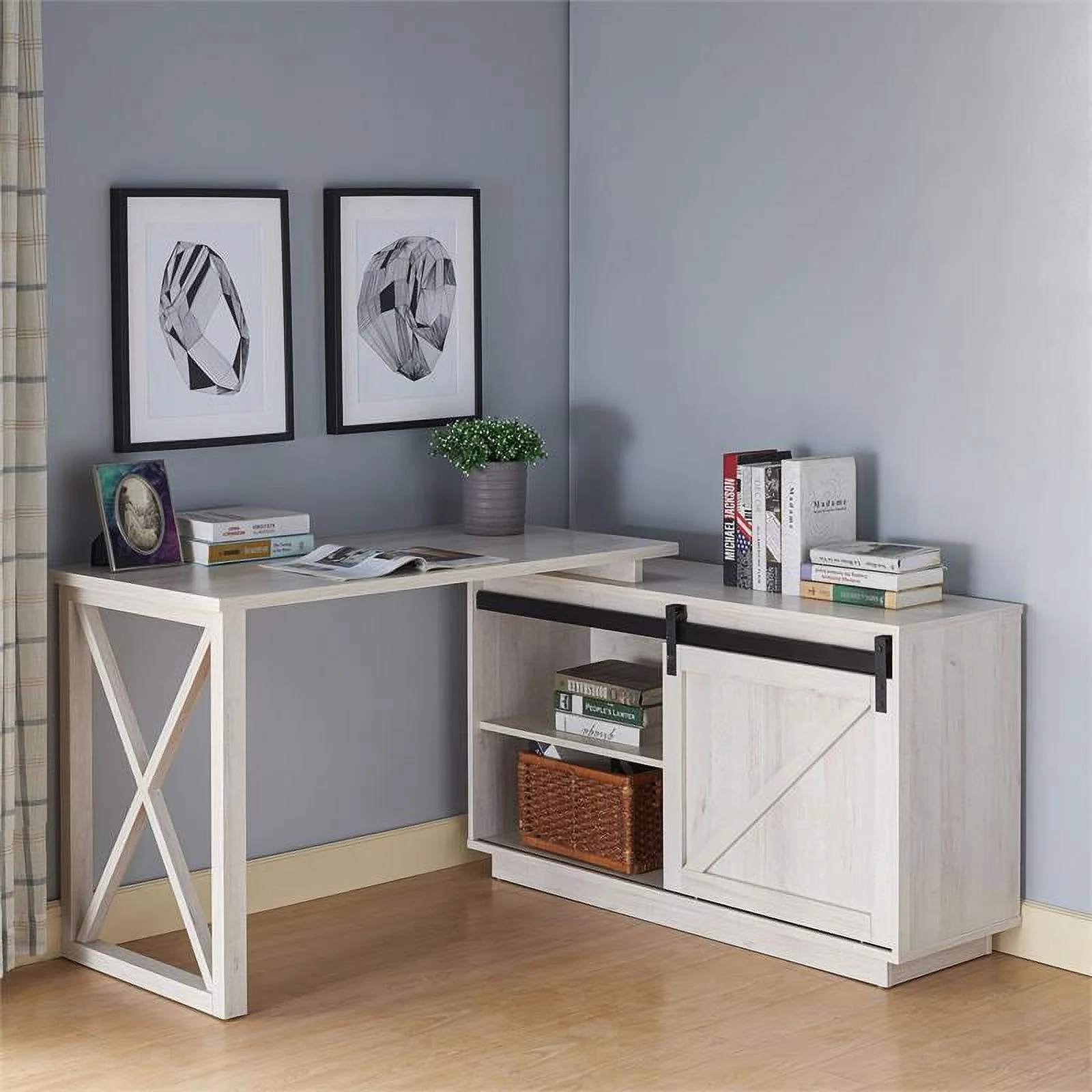 Furniture of America Oppen Transitional Wood L-Shape Desk in White Oak