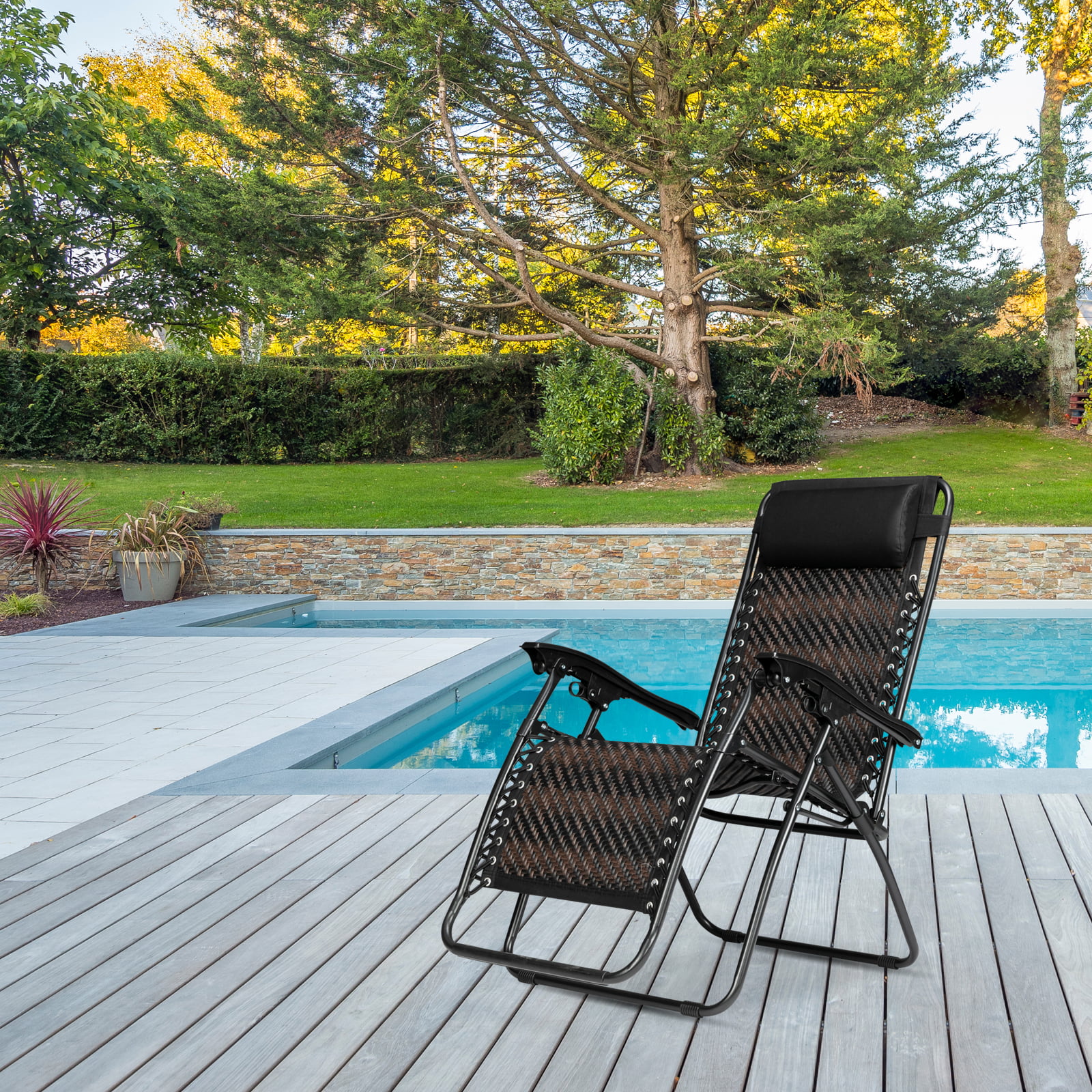 VINGLI Patio Wicker Chair Zero Gravity Chair with Cup Holder and Pillow, Outdoor Folding Rattan Recliner for Garden Patio Porch Outdoor and Indoor Use