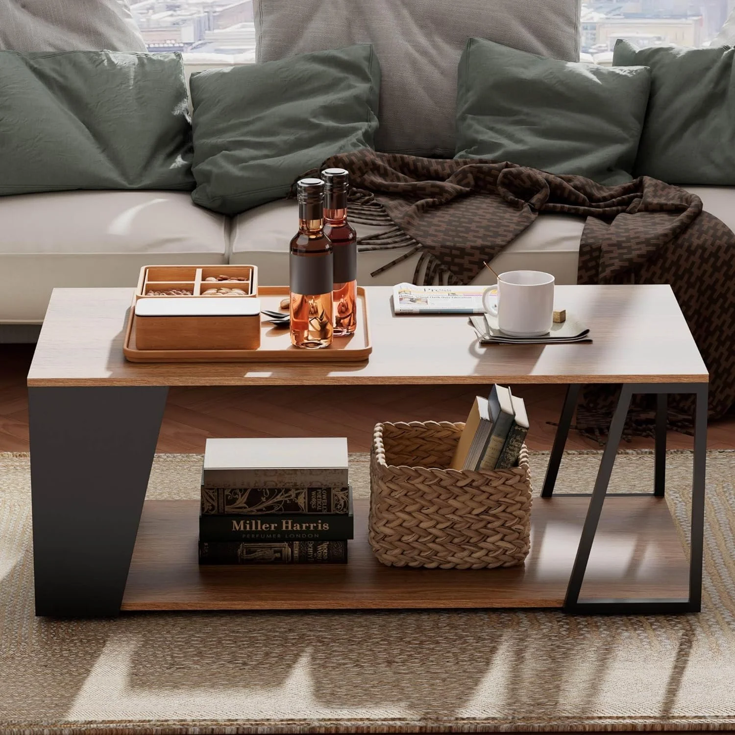 CHTYVC 2-Tier Coffee Table  Rustic Wood Center Table with Oblique Insert   Rectangular Coffee Table with Metal Frame & Open  Design  Living Room/Home/Office  Walnut