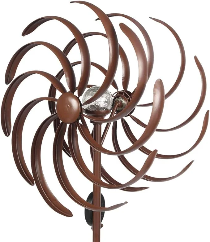 Solar Wind Spinner, Outdoor Metal Stake Wind Catcher Wind Mills, LED Lighting Solar Powered Glass Ball with Wind Spinner for Patio Lawn & Garden (LED Light Whirlwind)