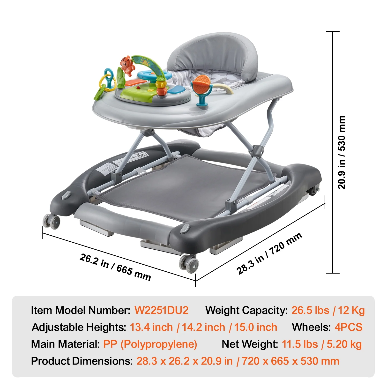 SKYSHALO Baby Walker 4 in 1, Foldable Height Adjustable Baby Walker with Wheels, Infant Toddler Walker with Foot Pads, Anti-Fall Baby Walker With Music & Toys Tray for Boys and Girls 6-24 Months