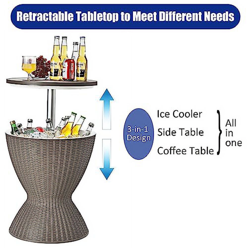 S AFSTAR Cool Bar Table, 8 Gallon Rattan Patio Bar Cooler Table with Ice Bucket & Height Adjustable Tabletop, Beer & Wine Cooler, Outdoor Indoor Cocktail Coffee Table for Patio Party Pool Deck (Brown)