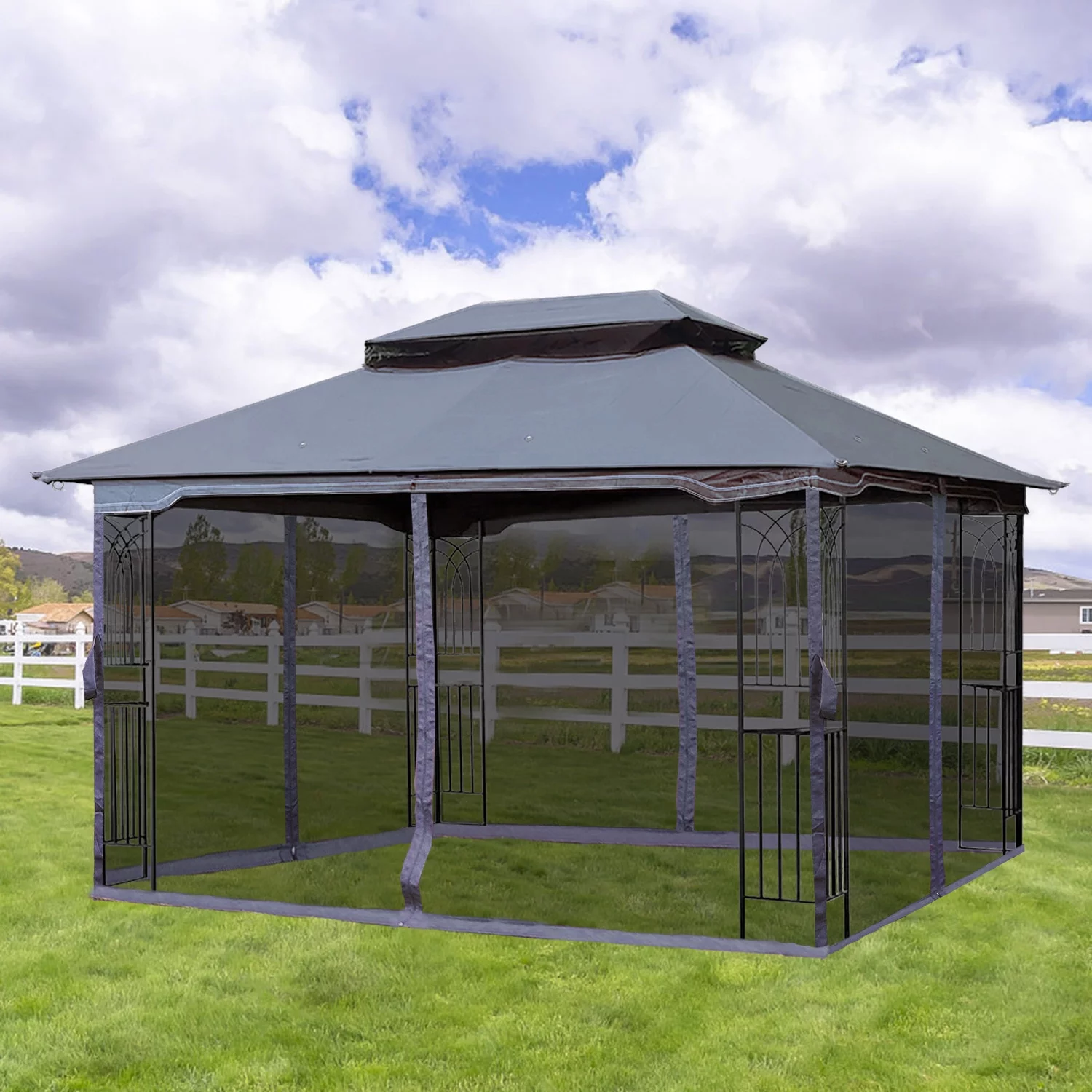 13X10 Outdoor Patio Gazebo Canopy Tent With Ventilated Double Roof And Mosquito Net(Detachable Mesh Screen On All Sides),Suitable For Lawn, Garden, Backyard And Deck, Gray Top
