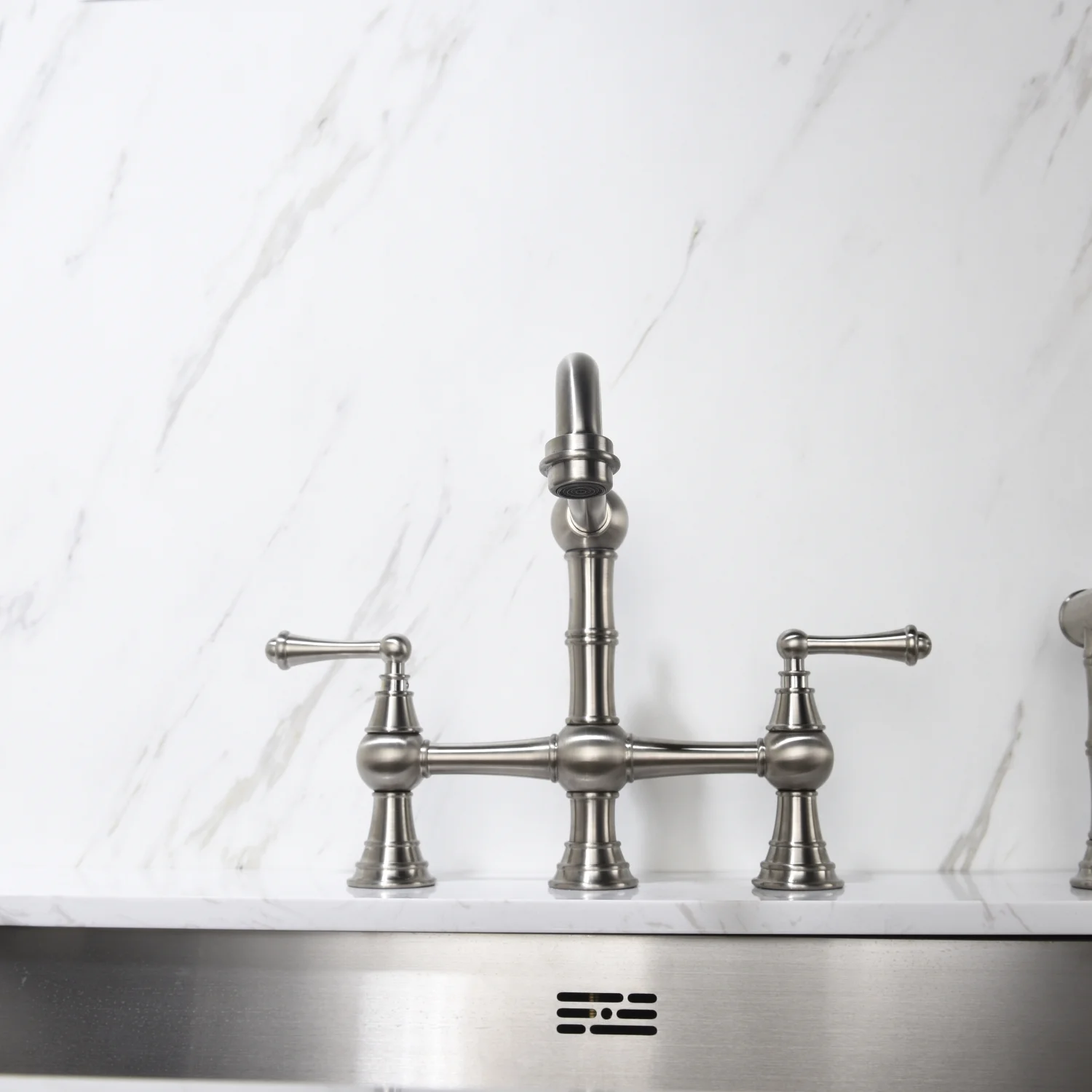 DremFaryoyo Bridge Dual Handles Kitchen Faucet With Pull-Out Side Spray in