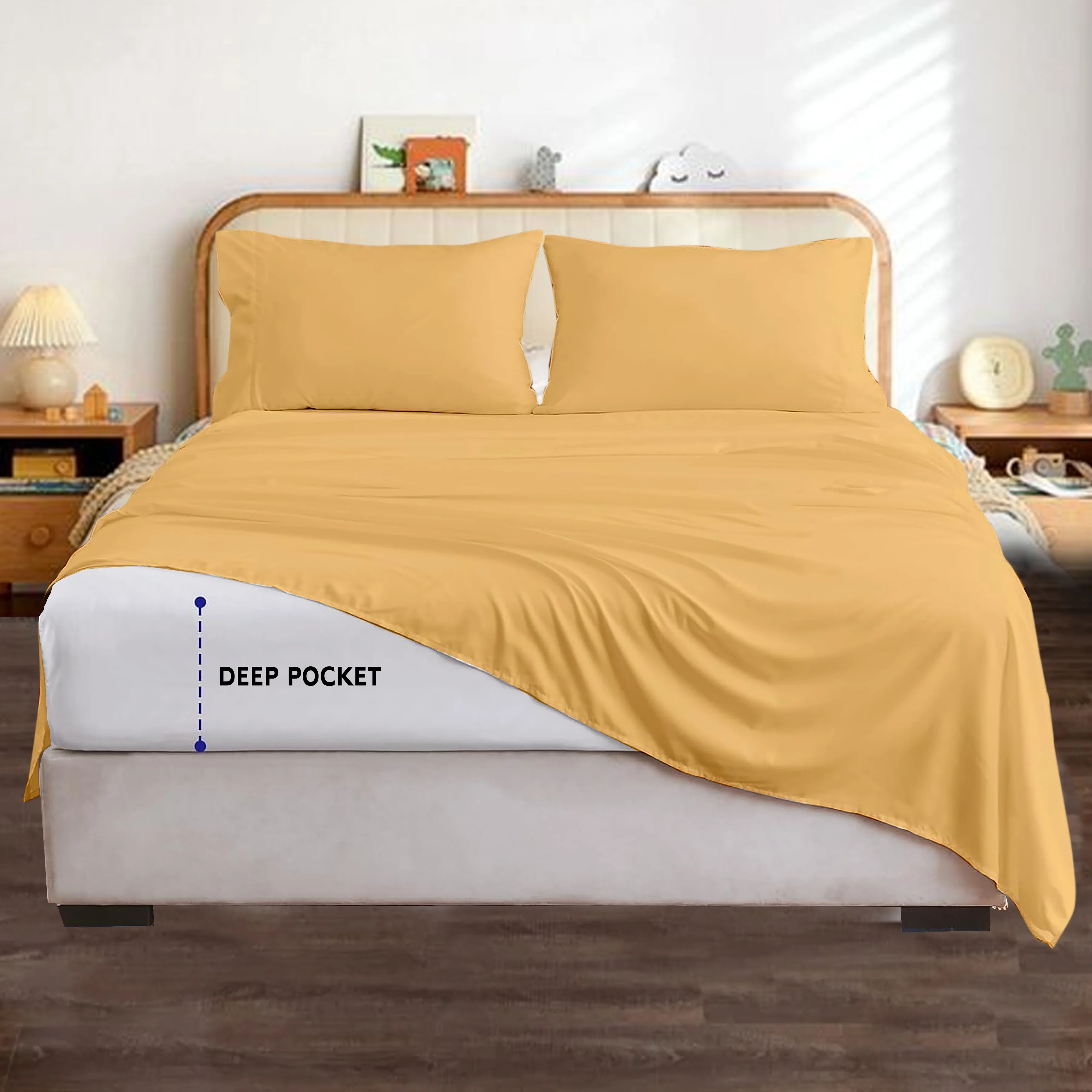 Vegas Premium Bed Sheets 100% Egyptian Cotton 400 Thread Count 4 Piece { Gold, Solid } Sheet Set Fits Up to 16-18