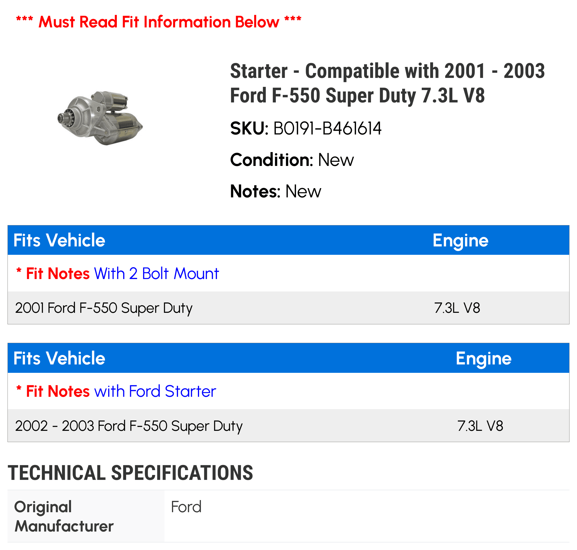 Starter - Compatible with 2001 - 2003 Ford F-550 Super Duty 7.3L V8 2002