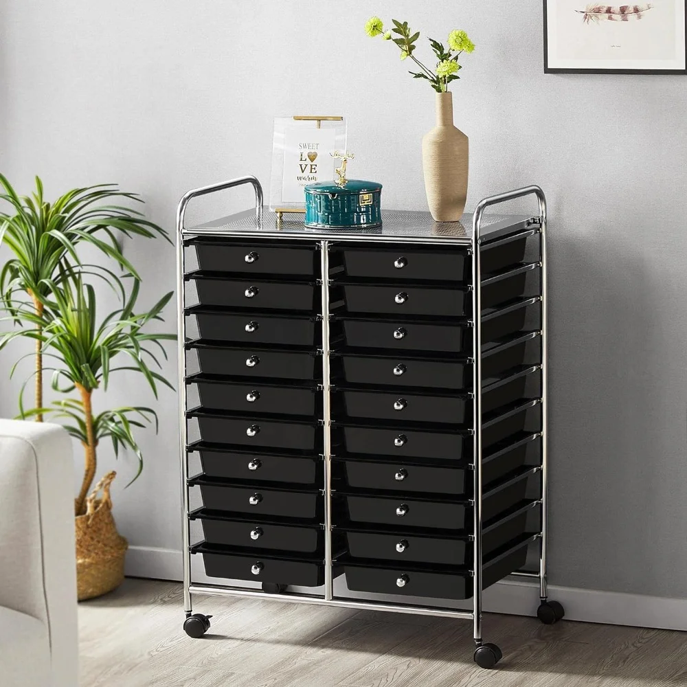 20 Drawers Rolling Storage Cart Multipurpose Movable Organizer Cart Tools Scrapbook Paper Organizer on Wheels, Black